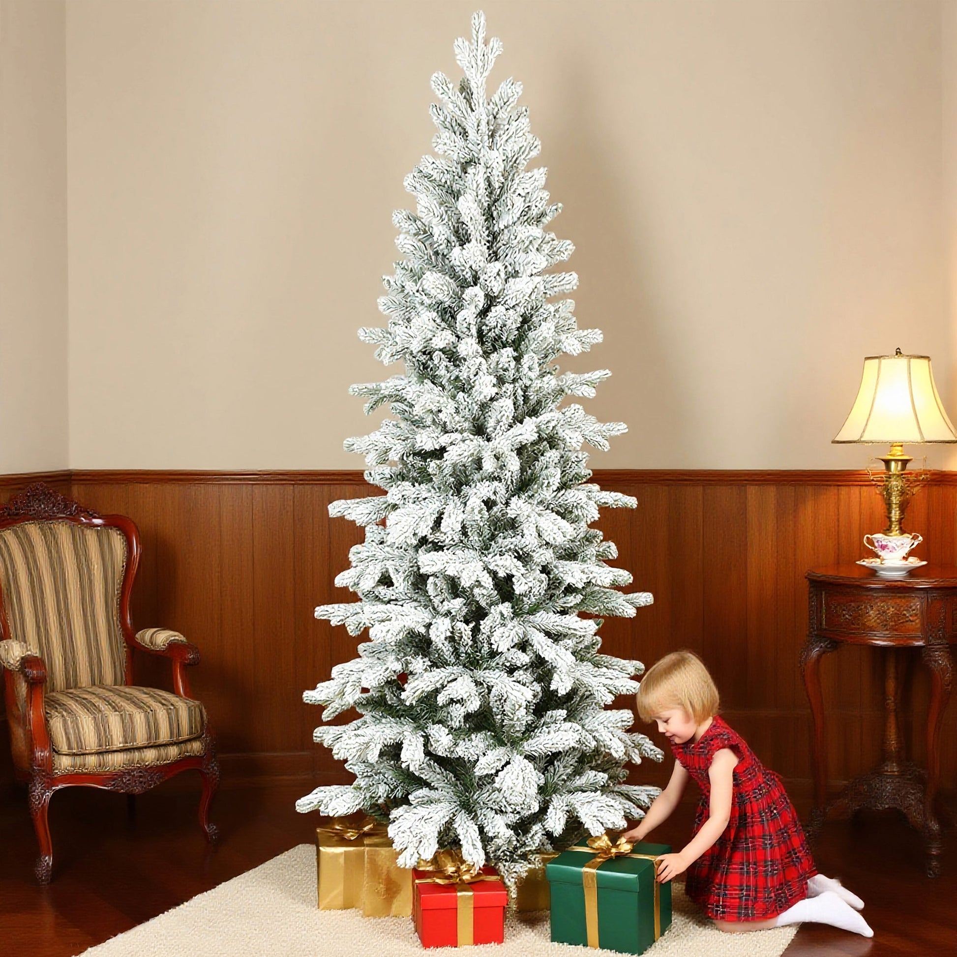 7ft Flocked Christmas Tree, Hinged Pencil Christmas Tree with 972 Tips, Realistic Branches, Easy Assembly, Slim Shape, Artificial Xmas Home Decoration, Green White