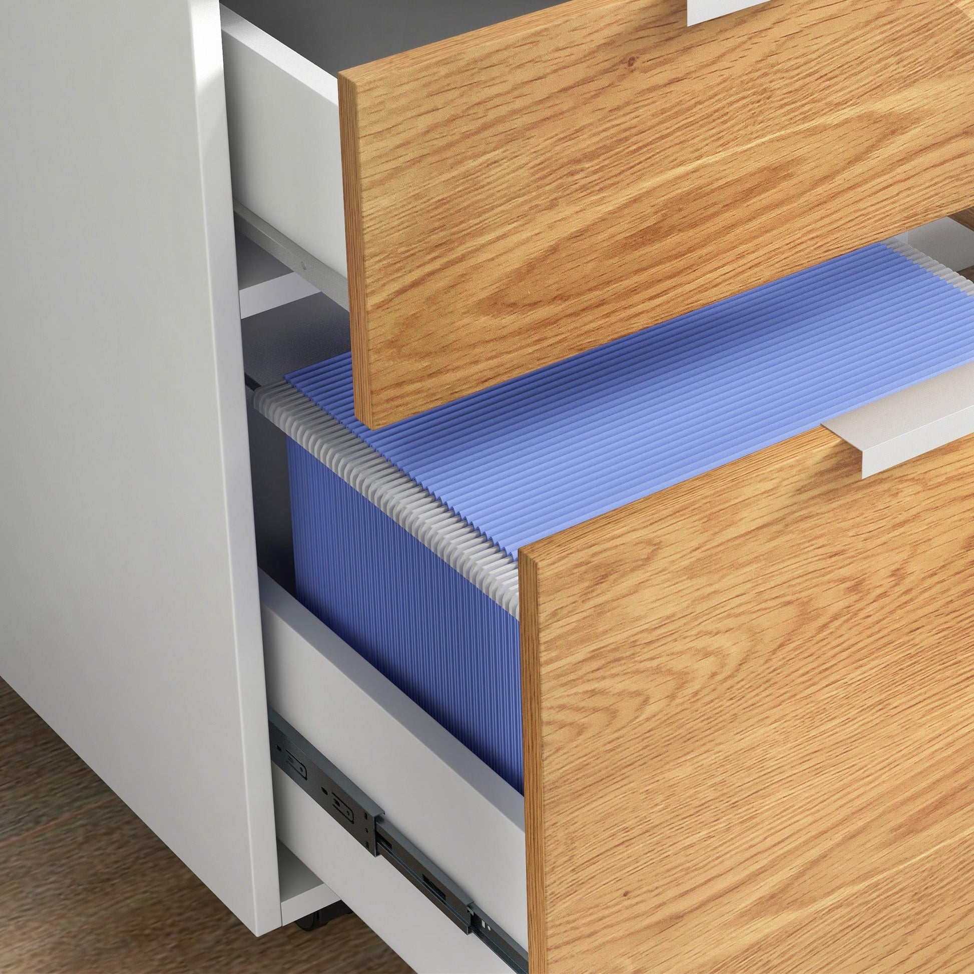 HOMCOM 2 Drawer Filing Cabinet with Lock and Wheels, Mobile File Cabinet with Adjustable Hanging Bars for A4 and Letter, Under Desk Office Cabinet, White and Natural Wood Effect