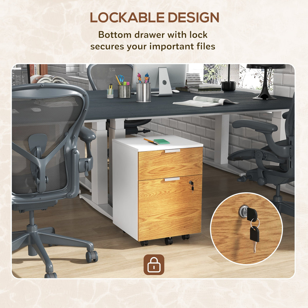 HOMCOM 2 Drawer Filing Cabinet with Lock and Wheels, Mobile File Cabinet with Adjustable Hanging Bars for A4 and Letter, Under Desk Office Cabinet, White and Natural Wood Effect
