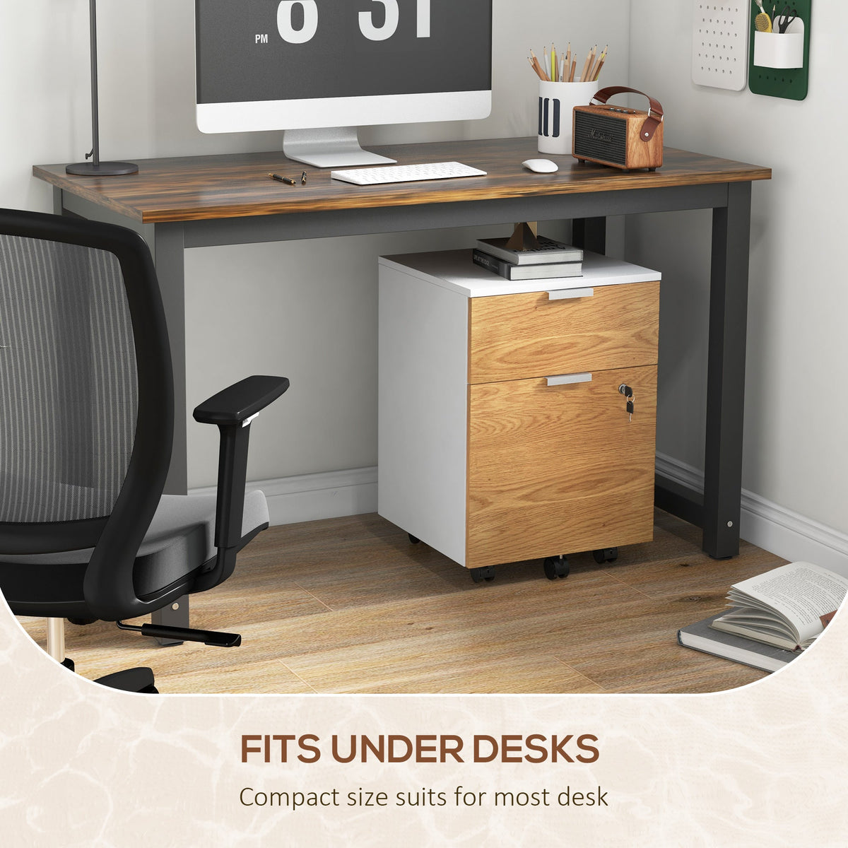 HOMCOM 2 Drawer Filing Cabinet with Lock and Wheels, Mobile File Cabinet with Adjustable Hanging Bars for A4 and Letter, Under Desk Office Cabinet, White and Natural Wood Effect