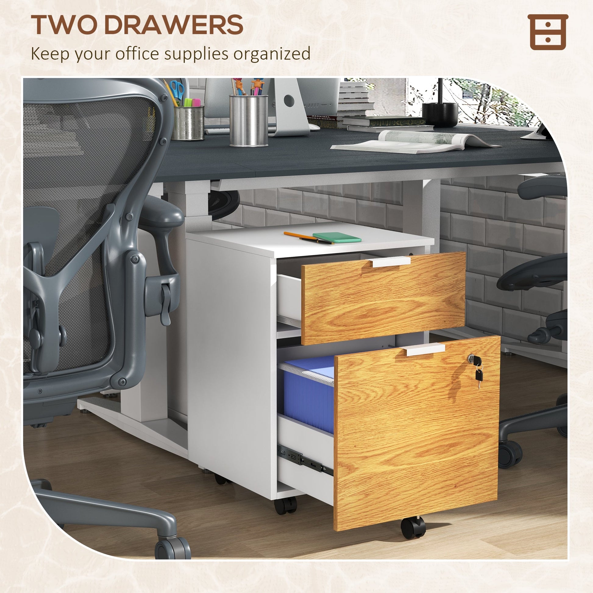 HOMCOM 2 Drawer Filing Cabinet with Lock and Wheels, Mobile File Cabinet with Adjustable Hanging Bars for A4 and Letter, Under Desk Office Cabinet, White and Natural Wood Effect