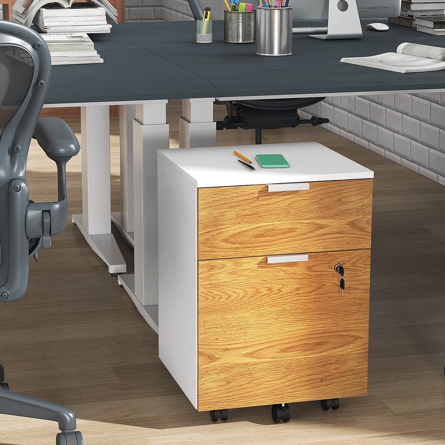 HOMCOM 2 Drawer Filing Cabinet with Lock and Wheels, Mobile File Cabinet with Adjustable Hanging Bars for A4 and Letter, Under Desk Office Cabinet, White and Natural Wood Effect