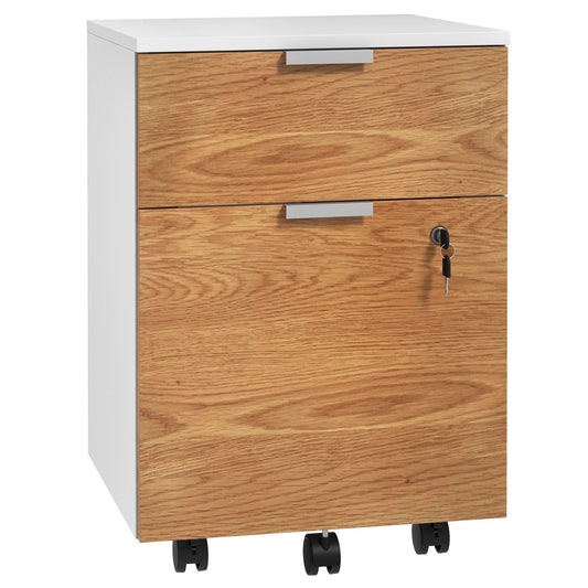 HOMCOM 2 Drawer Filing Cabinet with Lock and Wheels, Mobile File Cabinet with Adjustable Hanging Bars for A4 and Letter, Under Desk Office Cabinet, White and Natural Wood Effect