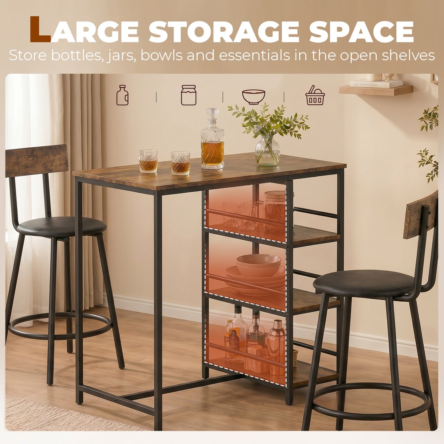 3 Piece Breakfast Bar Table Set, Space Saving Bar Table and PU Leather Stools for 2, Dining Table Set with Storage Shelves, Rustic Brown