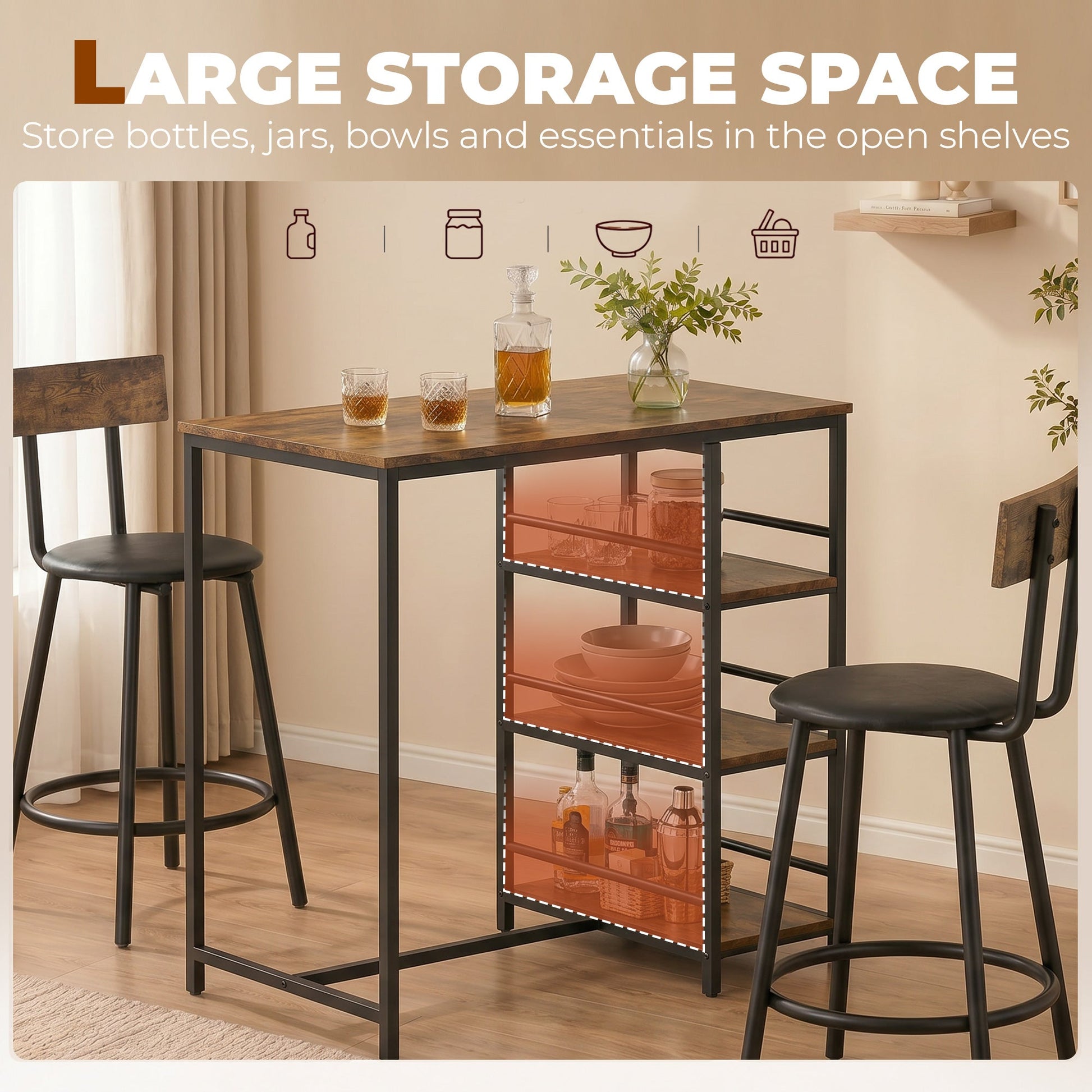 3 Piece Breakfast Bar Table Set, Space Saving Bar Table and PU Leather Stools for 2, Dining Table Set with Storage Shelves, Rustic Brown