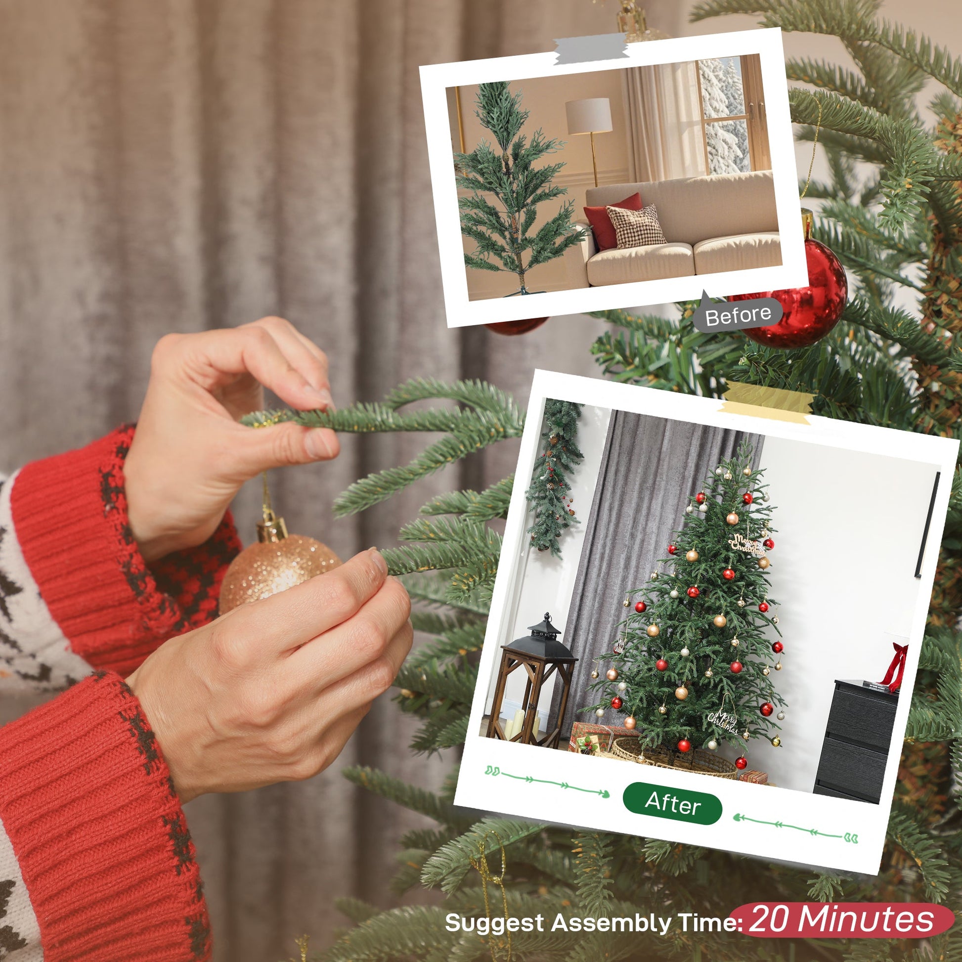 6 ft Artificial Christmas Tree with 1814 Realistic Dense Branches, Full Spruce, Hinged Xmas Tree with Metal Stand, Easy Assembly, Green