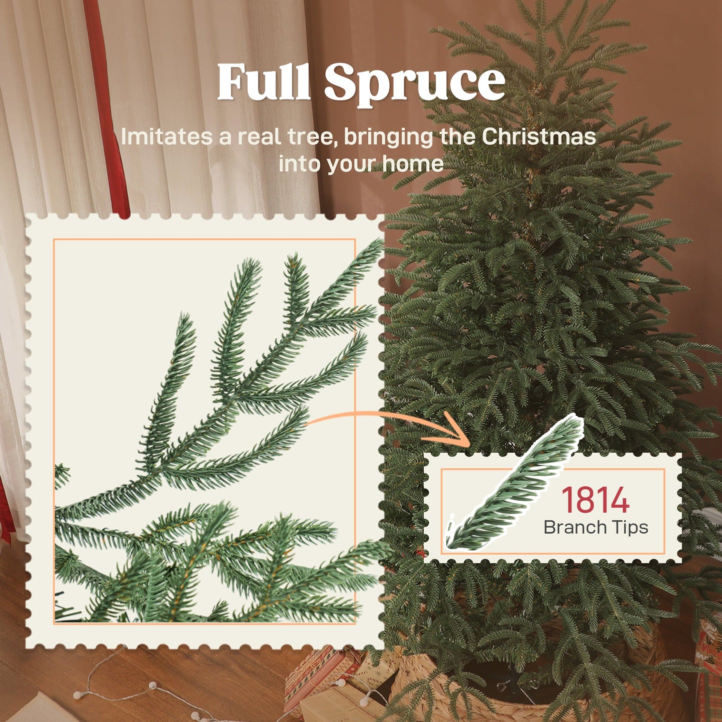 6 ft Artificial Christmas Tree with 1814 Realistic Dense Branches, Full Spruce, Hinged Xmas Tree with Metal Stand, Easy Assembly, Green