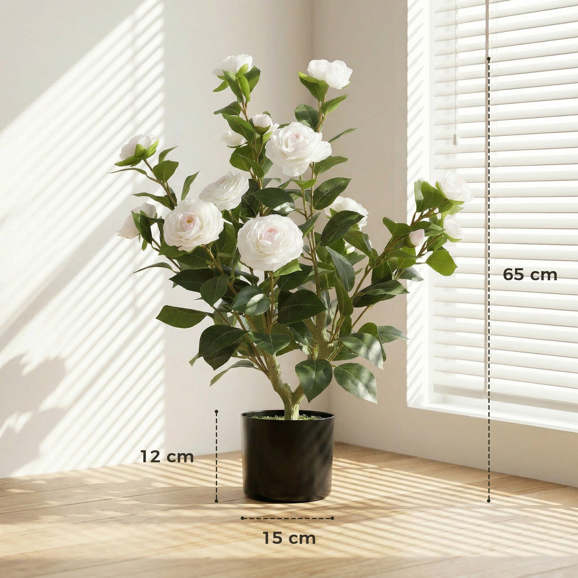 65cm Artificial Camellia Flower Plant in Pot, Realistic Silk Flowers with 116 Lush Leaves & Moss Effect, Faux Tree for Outdoor Indoor Garden Porch Decor