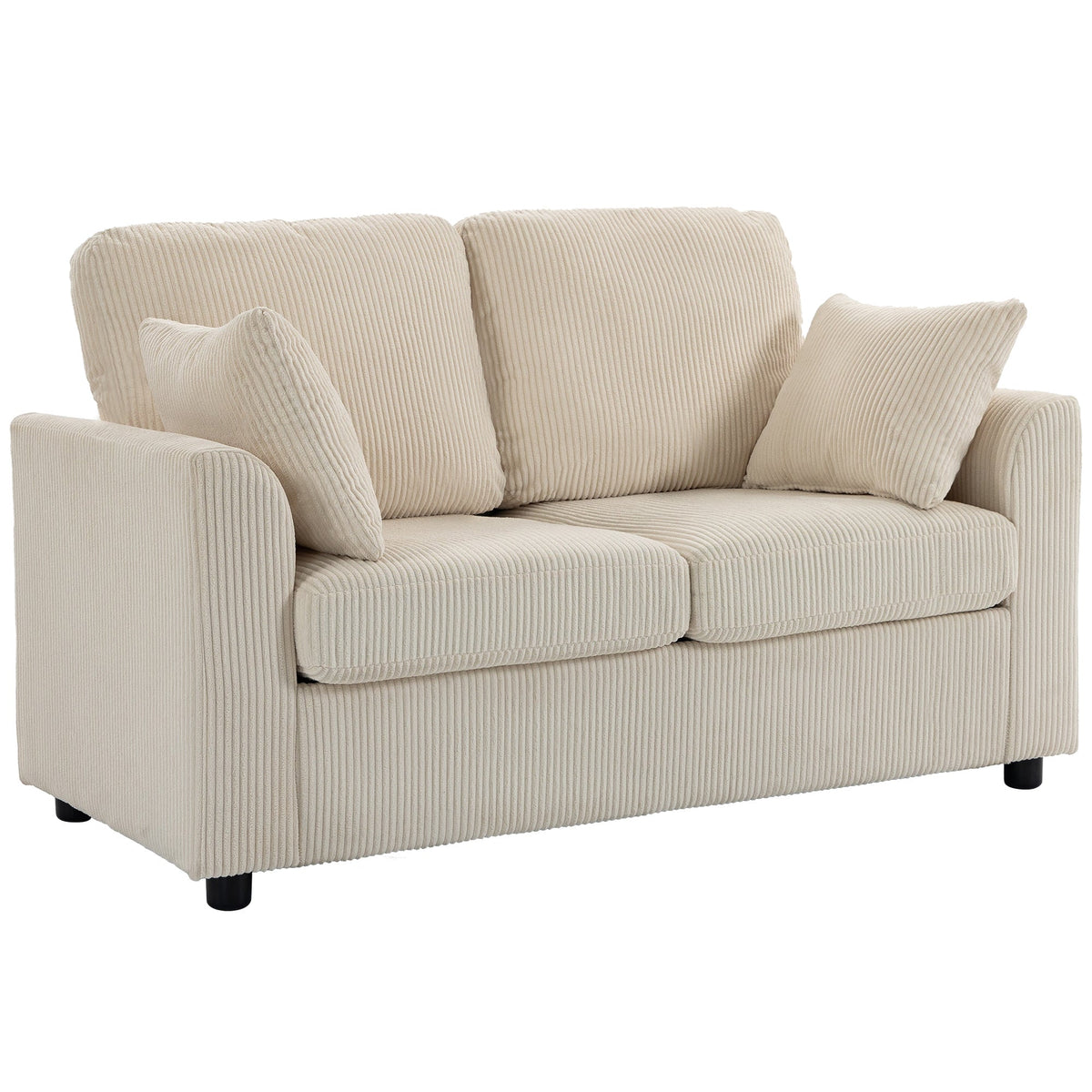 2 Seater Sofa, 144cm Corduroy Small Couch with Spring Cushion, Wide and Deep Seat, Plush Backrest, 2 Pillows, Loveseat Sofa Settee for Small Space, Living Room, Bedroom, Home Office, Beige