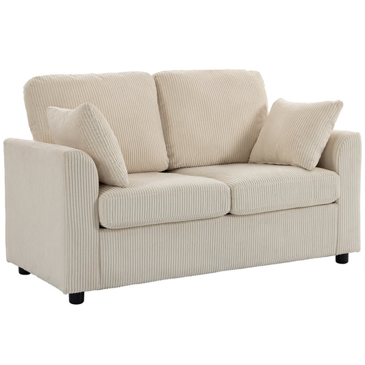 2 Seater Sofa, 144cm Corduroy Small Couch with Spring Cushion, Wide and Deep Seat, Plush Backrest, 2 Pillows, Loveseat Sofa Settee for Small Space, Living Room, Bedroom, Home Office, Beige