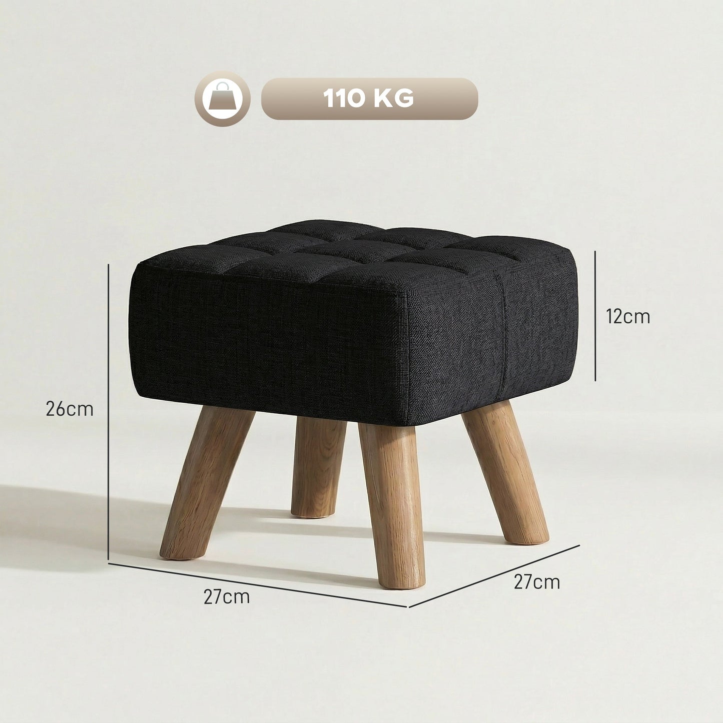 Modern Tufted Footstool, Fabric Foot Stool with Rubber Wood Legs, Padded Seat, for Living Room, Bedroom, Entryway, Black