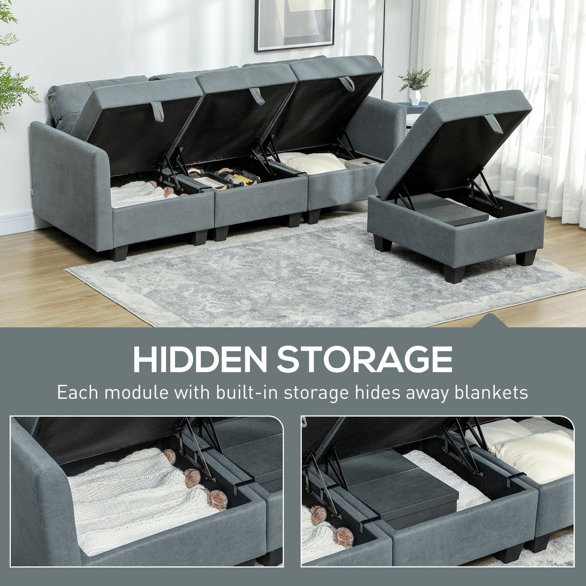 HOMCOM Convertible Modular Sectional Sofa with Storage, Tufted 3 Seater Sofa Set, L Shaped Sofa Couch with Ottoman, Wood Frame for Living Room, Dark Grey