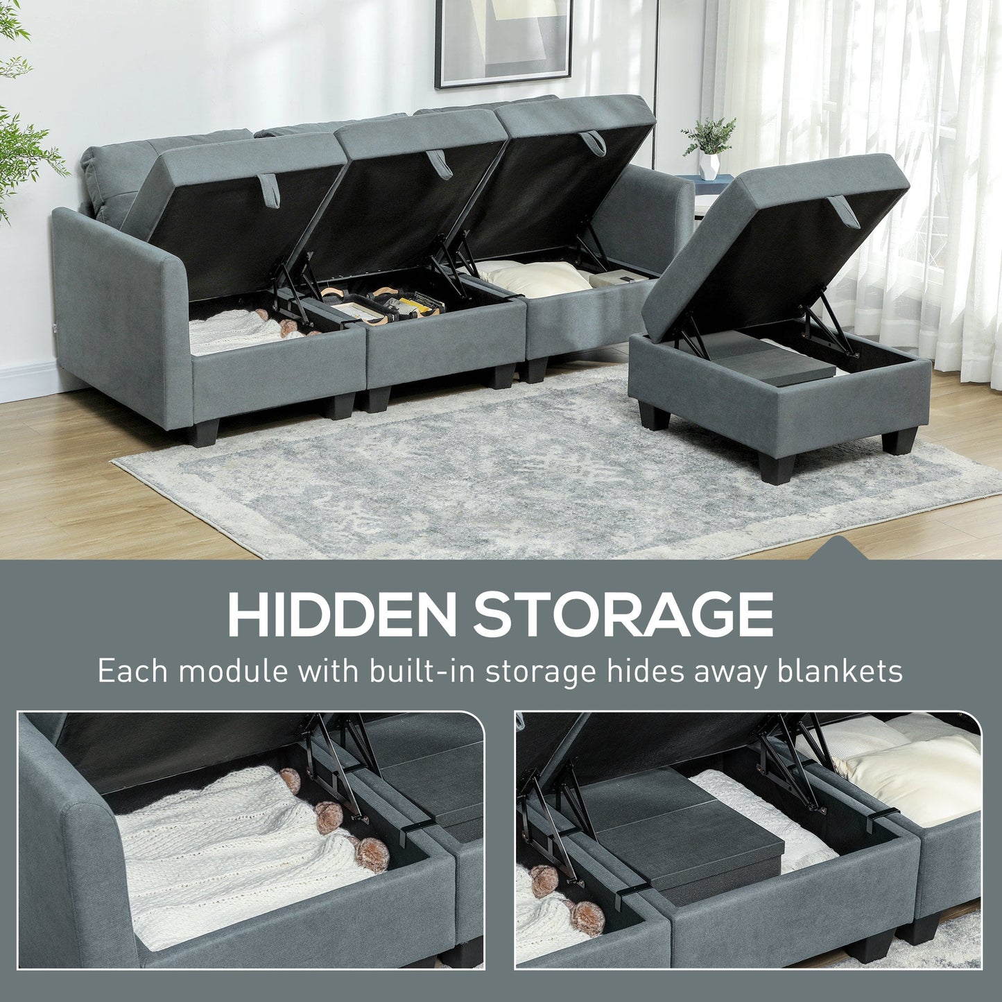 HOMCOM Convertible Modular Sectional Sofa with Storage, Tufted 3 Seater Sofa Set, L Shaped Sofa Couch with Ottoman, Wood Frame for Living Room, Dark Grey