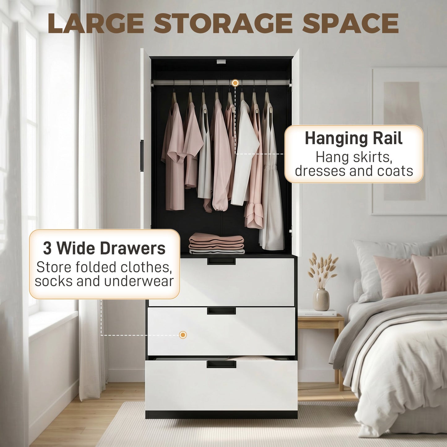 3-Drawer 2-Door Wardrobe with Hanging Rod for Clothes, Black