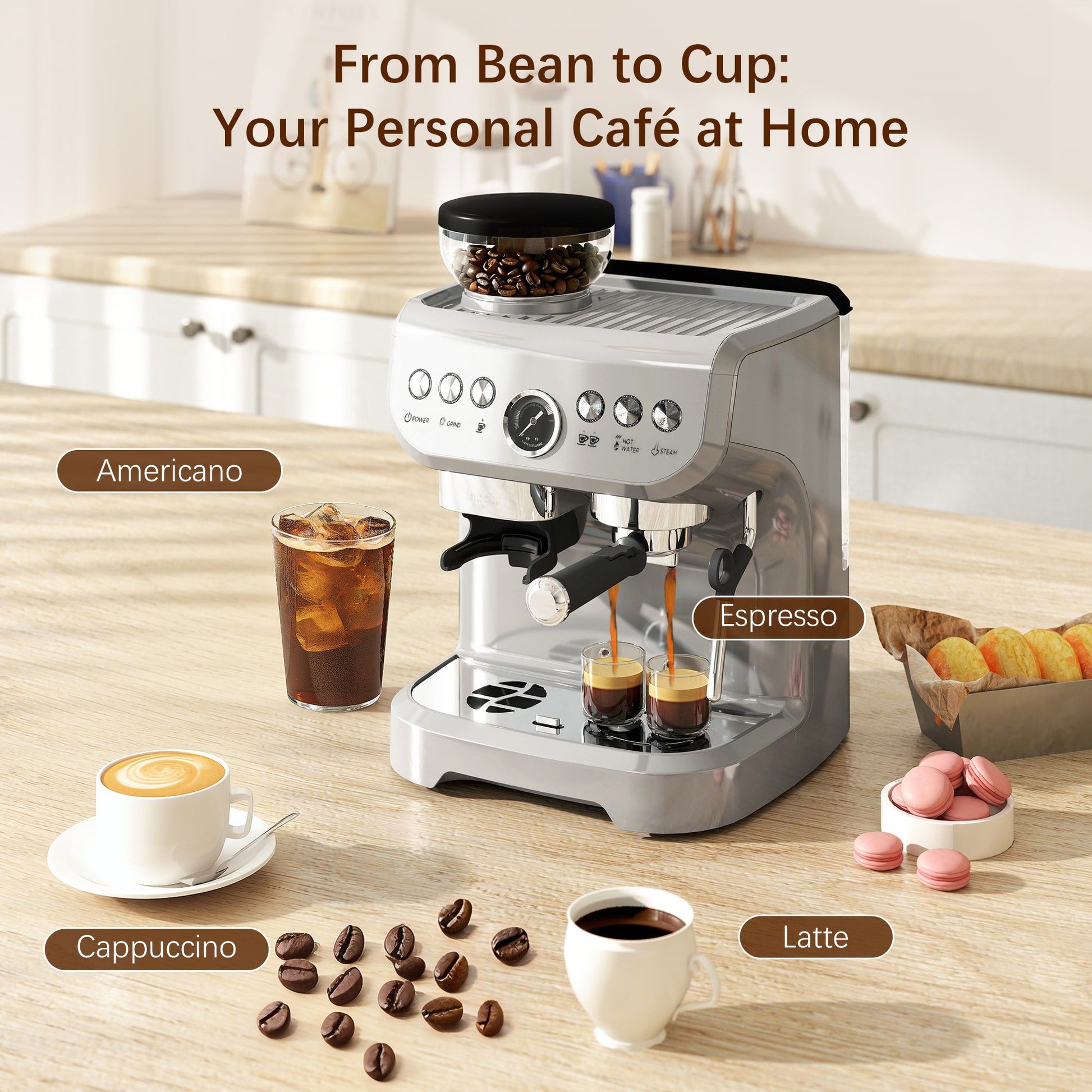 Espresso Machine with Integrated Bean Grinder & Steam Wand, Stainless Steel Silver - HOMCOM