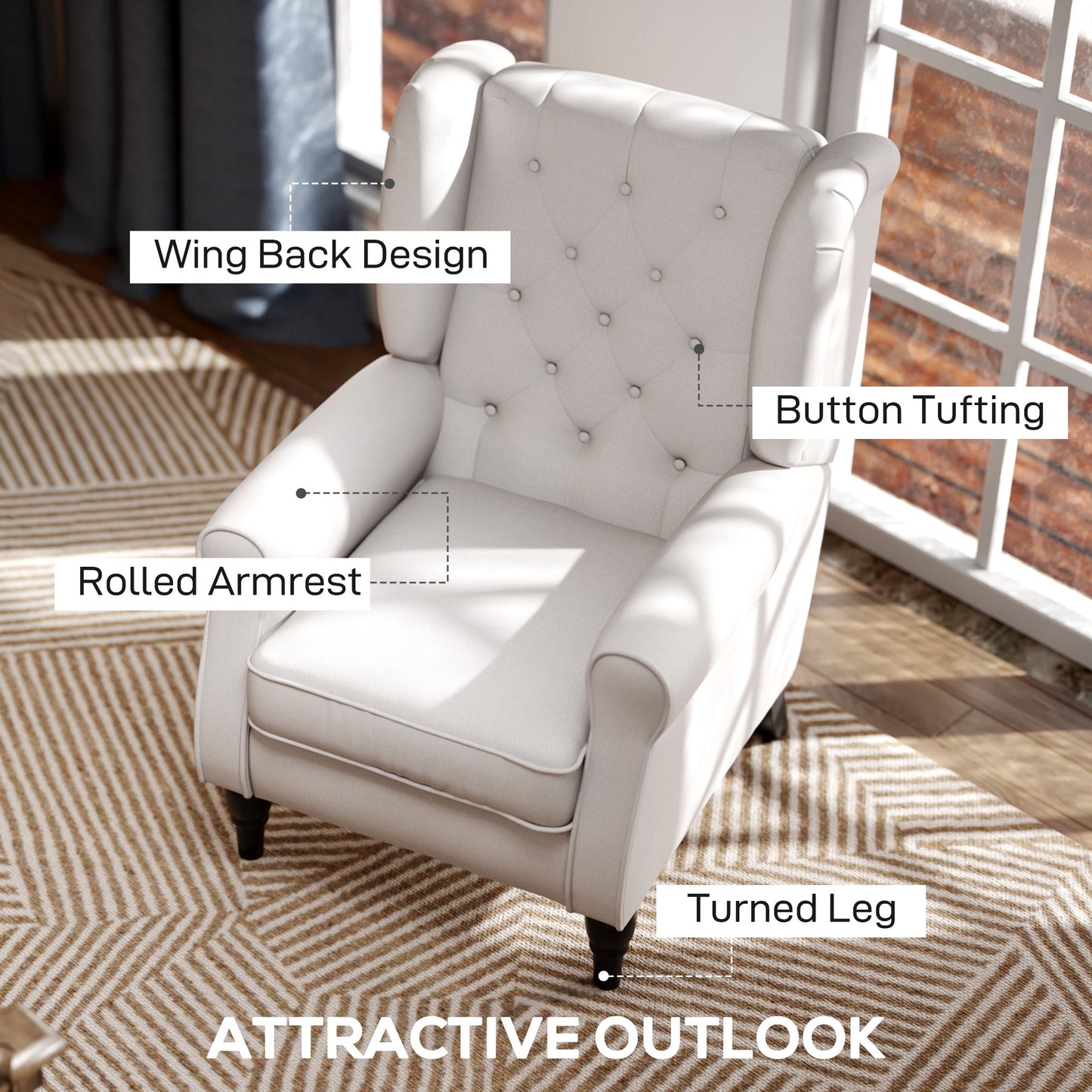 Retro Button Tufted Accent Armchair with Wooden Frame and Legs for Living Room, Bedroom, Cream White - HOMCOM