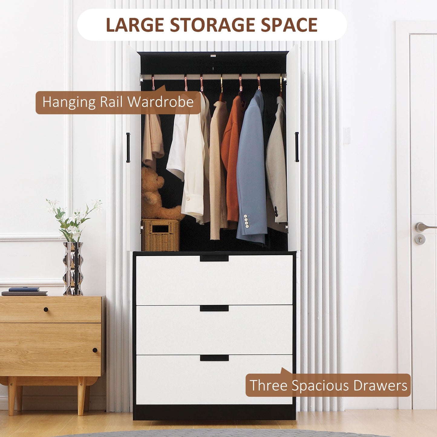 Modern Clothes Storage Cupboard Unit, Wardrobe with Hanging Rod, 3-Drawer and 2-Door, Black - HOMCOM