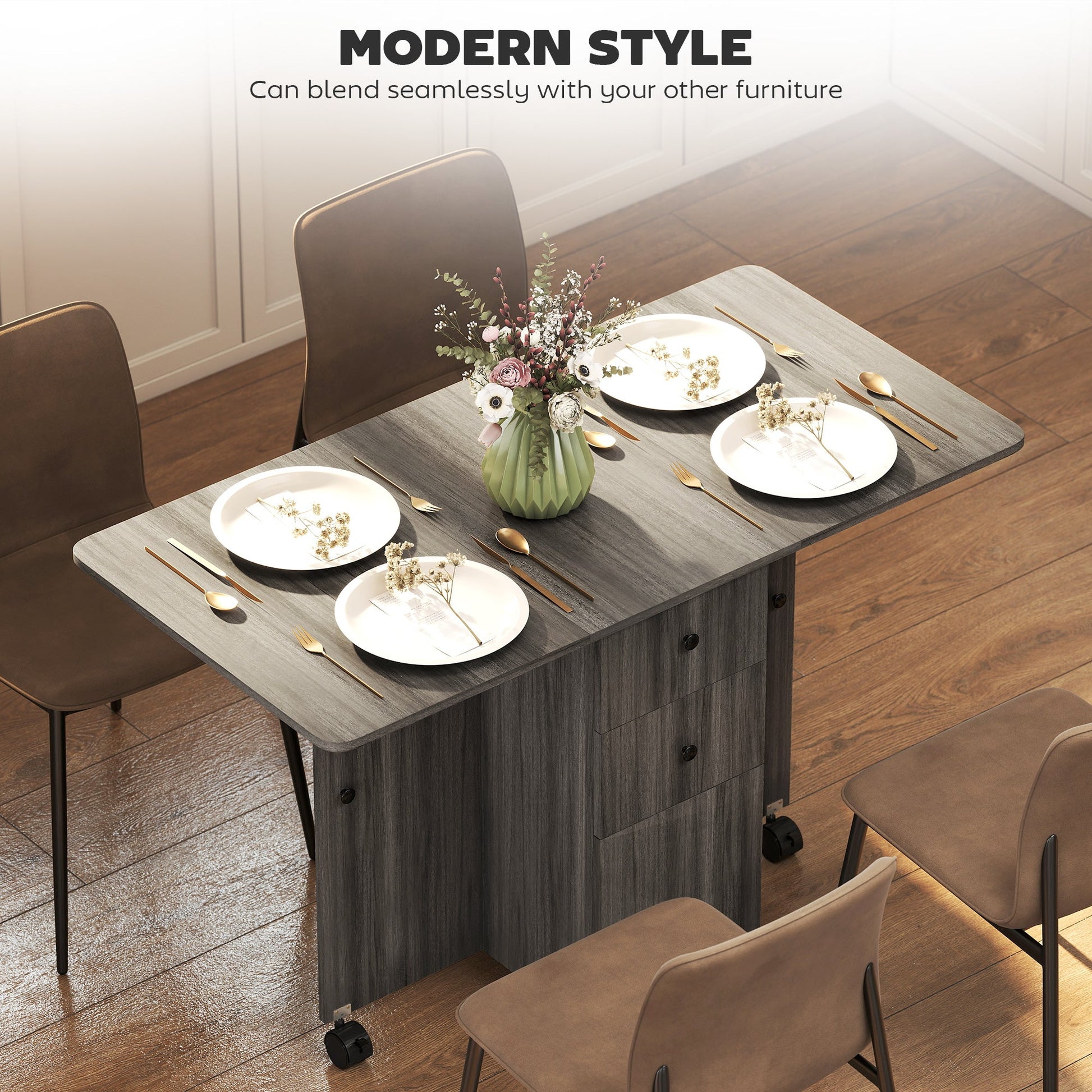 Folding Dining Table on Wheels for 4-6 with Storage Drawers, Cabinet, Grey - HOMCOM