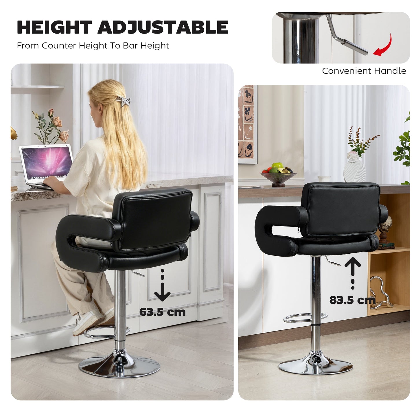 Swivel PU Leather Bar Stool with Extra-Large Seat, Armrest & Footrest, Black