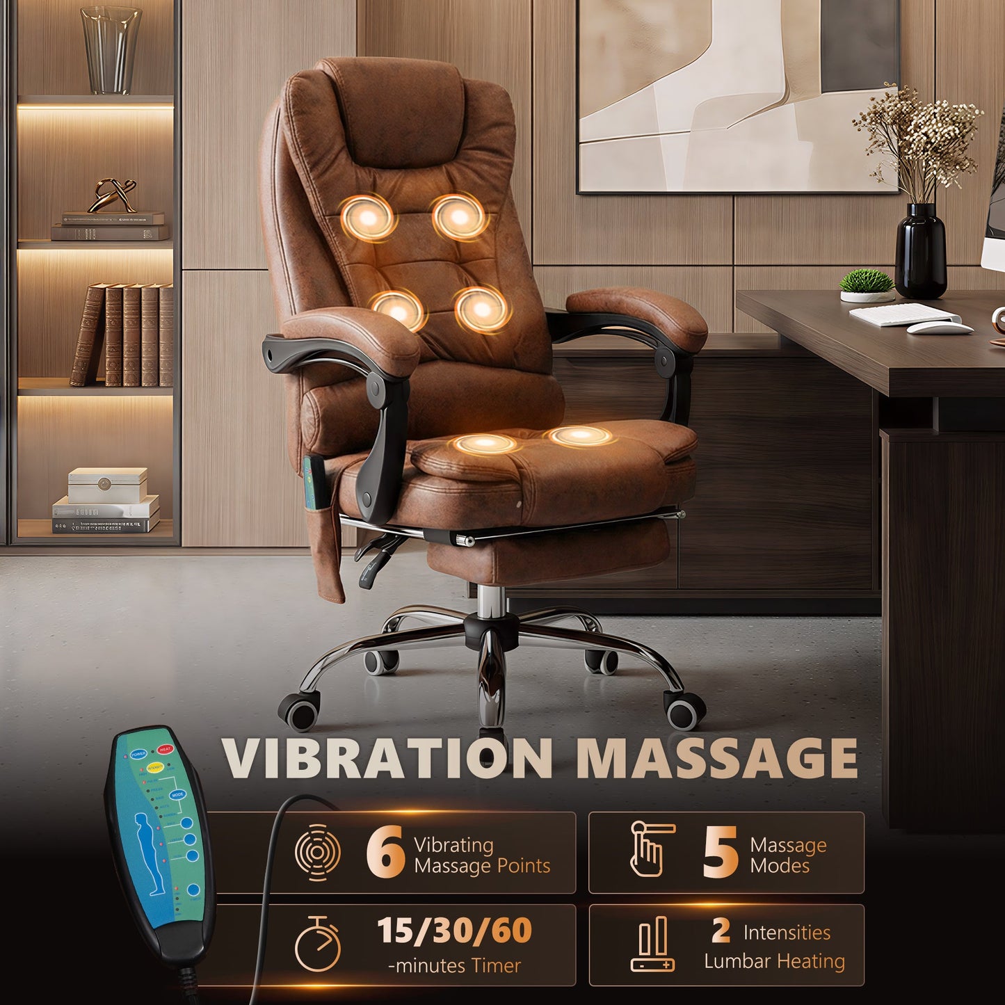 6-Point Massage Office Chair with Heated Back, Reclining and Footrest, Brown