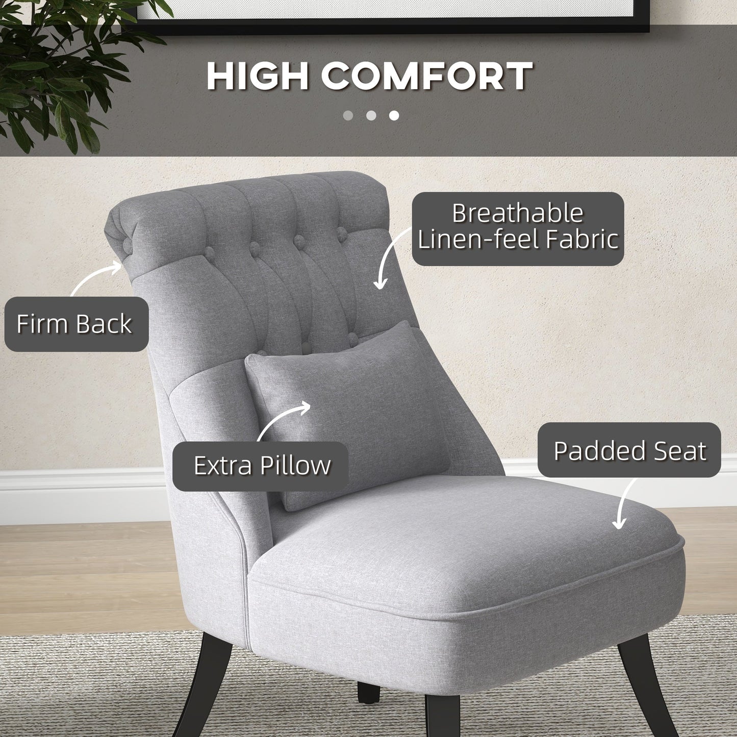 Fabric Single Sofa, Dining Chair with Pillow & Solid Wood Leg for Living Room, Grey - HOMCOM