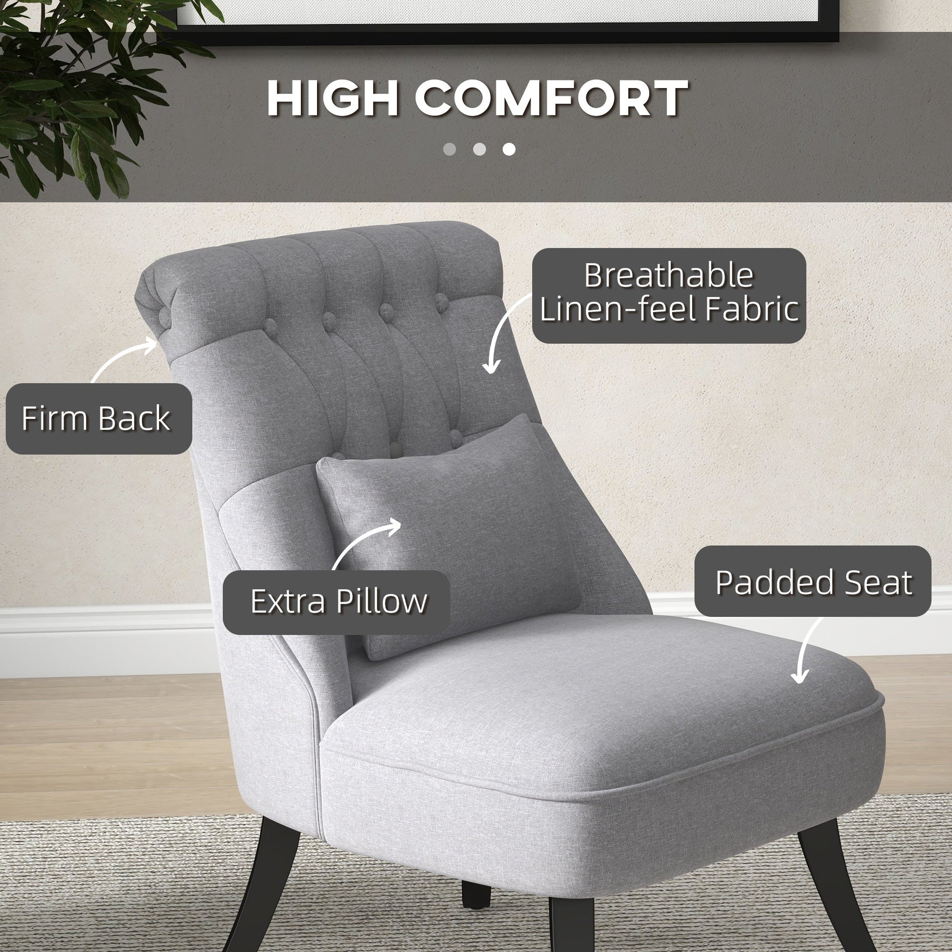 Fabric Single Sofa, Dining Chair with Pillow & Solid Wood Leg for Living Room, Grey - HOMCOM