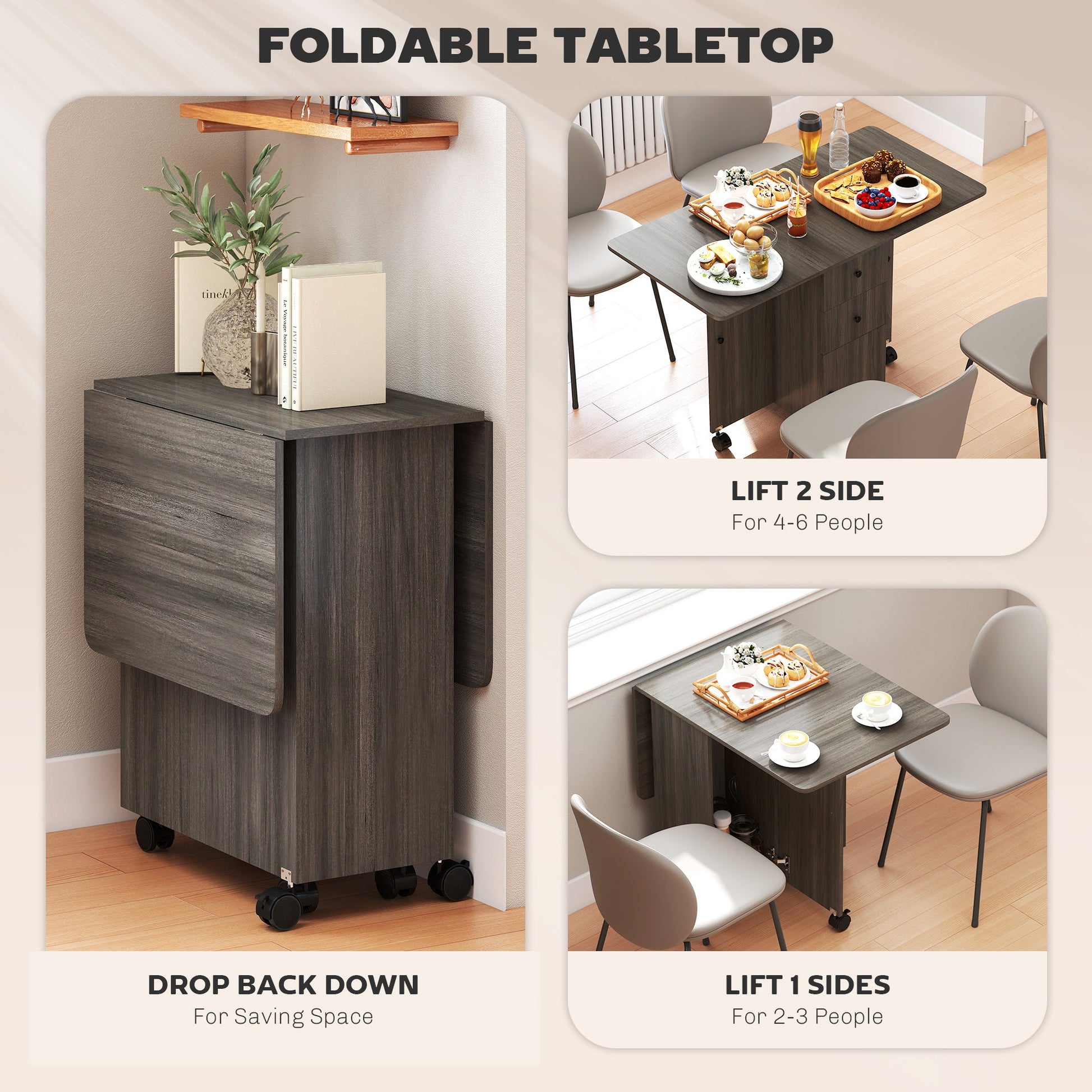 Folding Dining Table on Wheels for 4-6 with Storage Drawers, Cabinet, Grey - HOMCOM