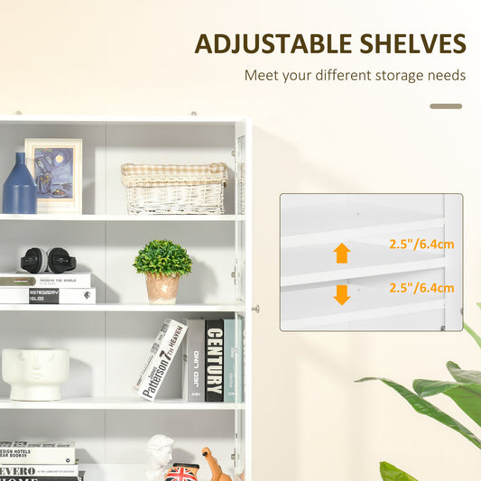 Modern Bookcase with Glass Doors, Display Storage Cabinet w/ Adjustable Shelves, White - HOMCOM