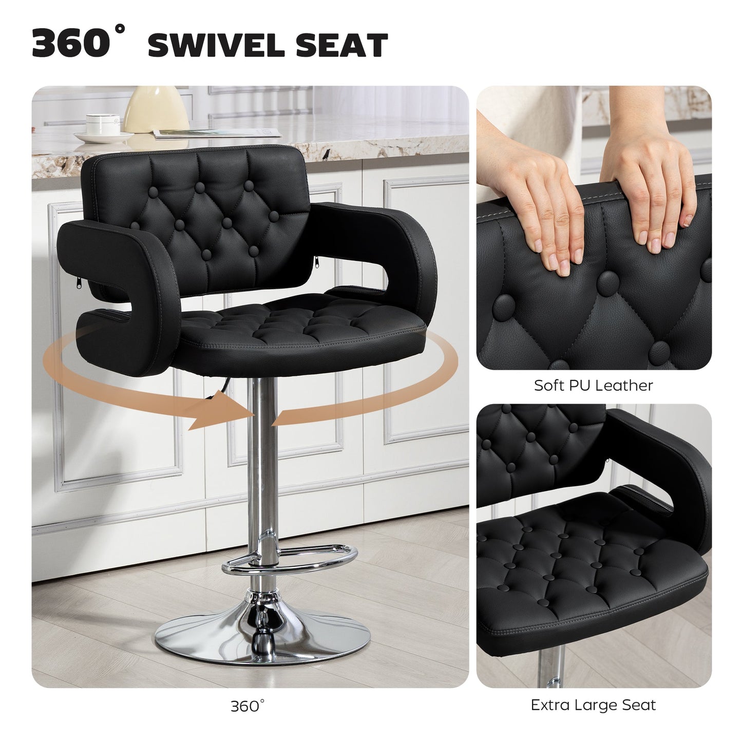 Swivel PU Leather Bar Stool with Extra-Large Seat, Armrest & Footrest, Black