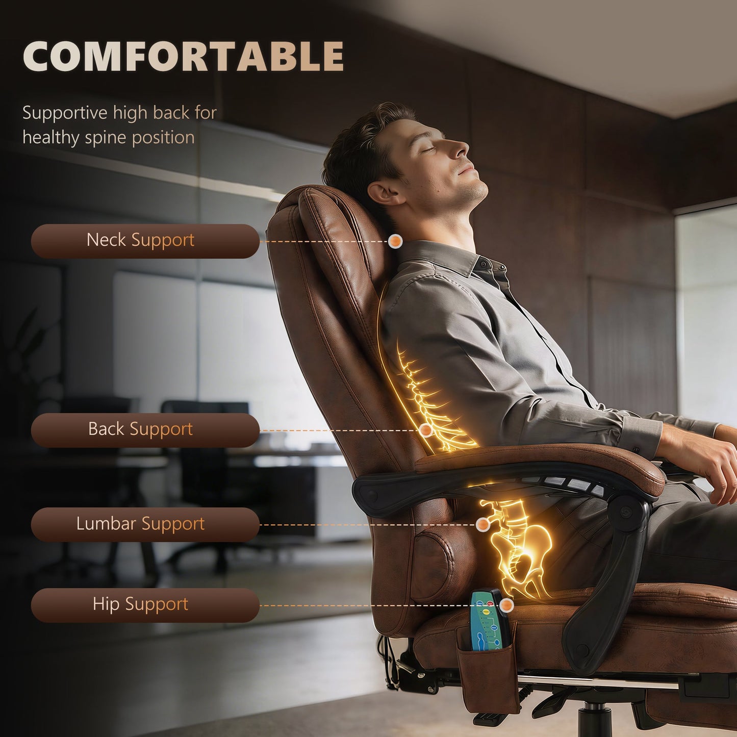 6-Point Massage Office Chair with Heated Back, Reclining and Footrest, Brown