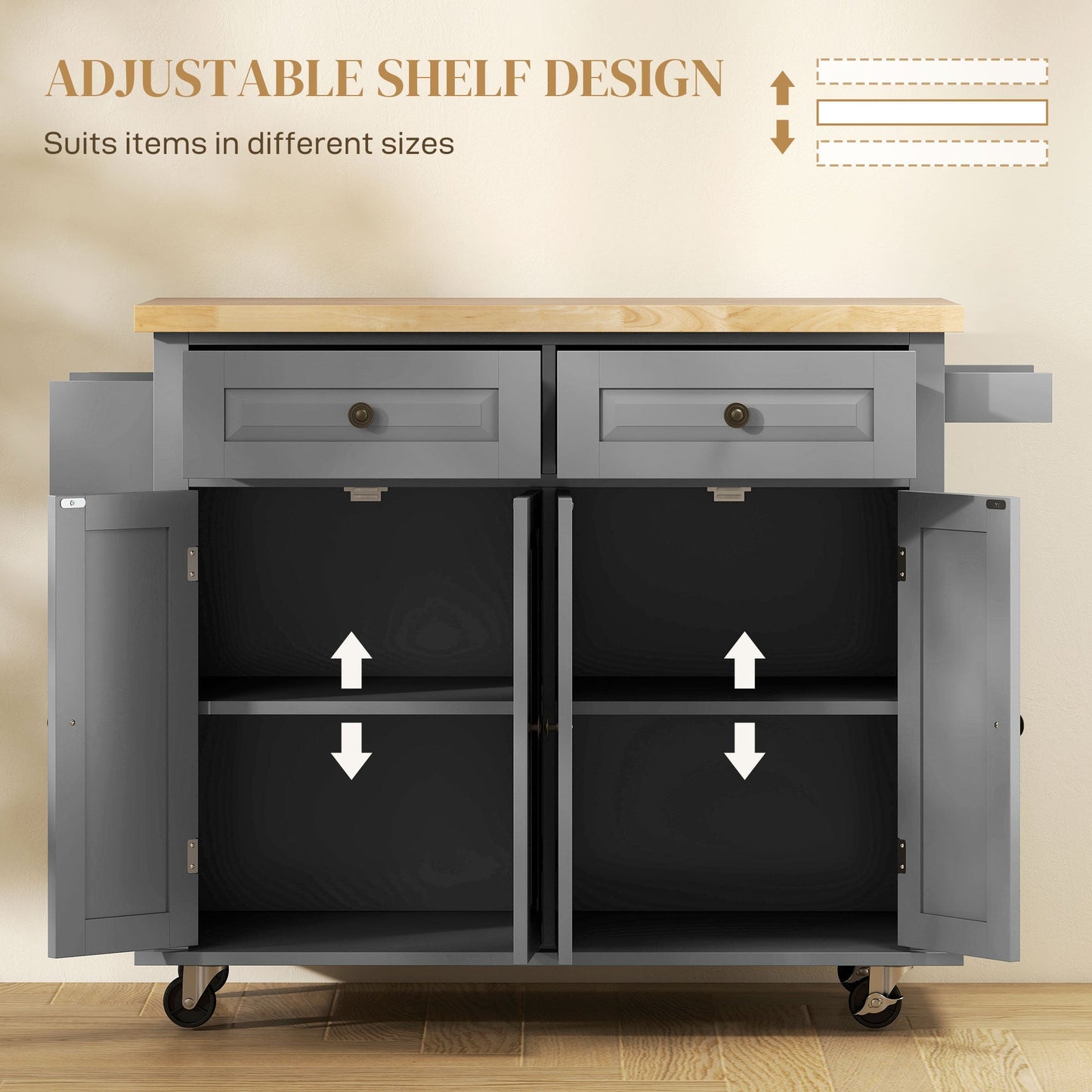 Modern Rubberwood Rolling Kitchen Island with Storage - HOMCOM