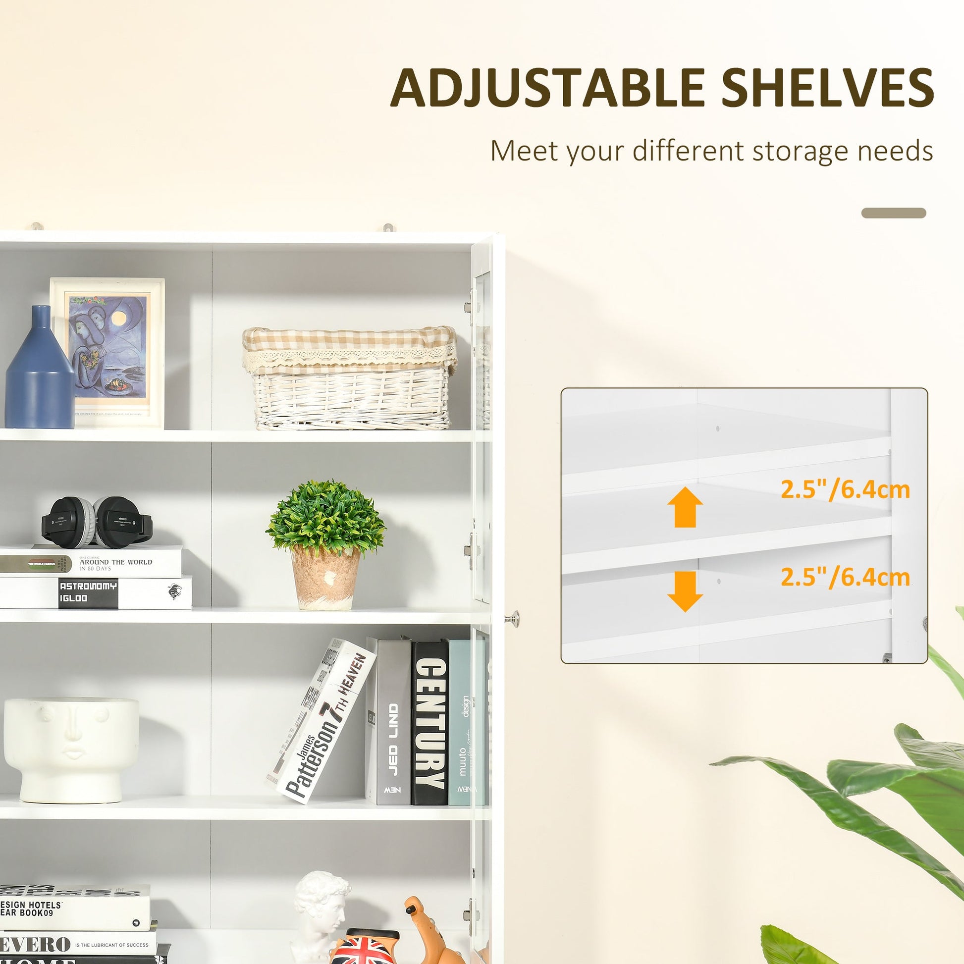 Modern Bookcase with Glass Doors, Display Storage Cabinet w/ Adjustable Shelves, White - HOMCOM