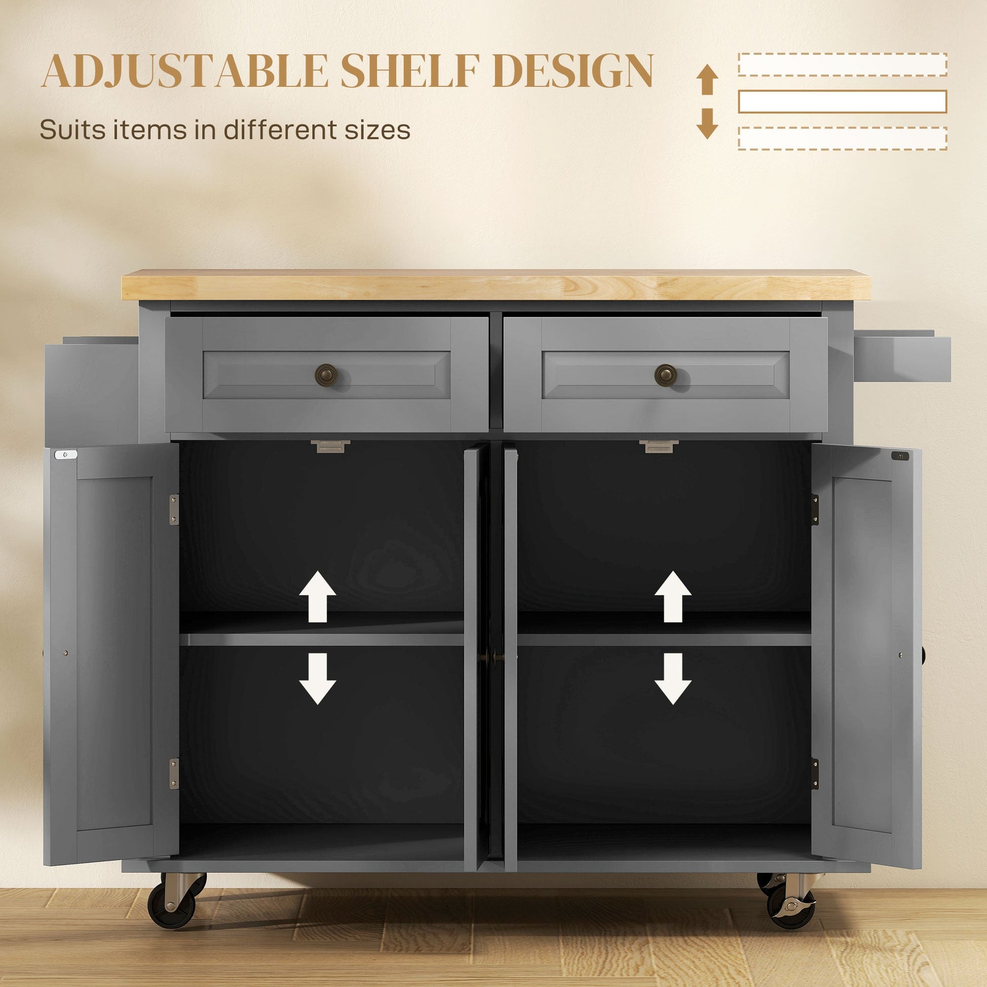 Modern Rubberwood Rolling Kitchen Island with Storage - HOMCOM