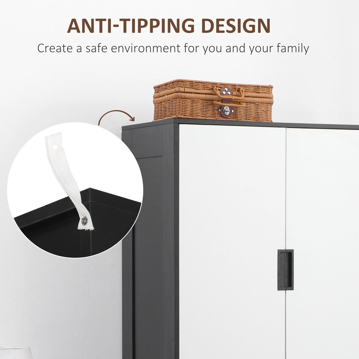 Modern Clothes Storage Cupboard Unit, Wardrobe with Hanging Rod, 3-Drawer and 2-Door, Black - HOMCOM