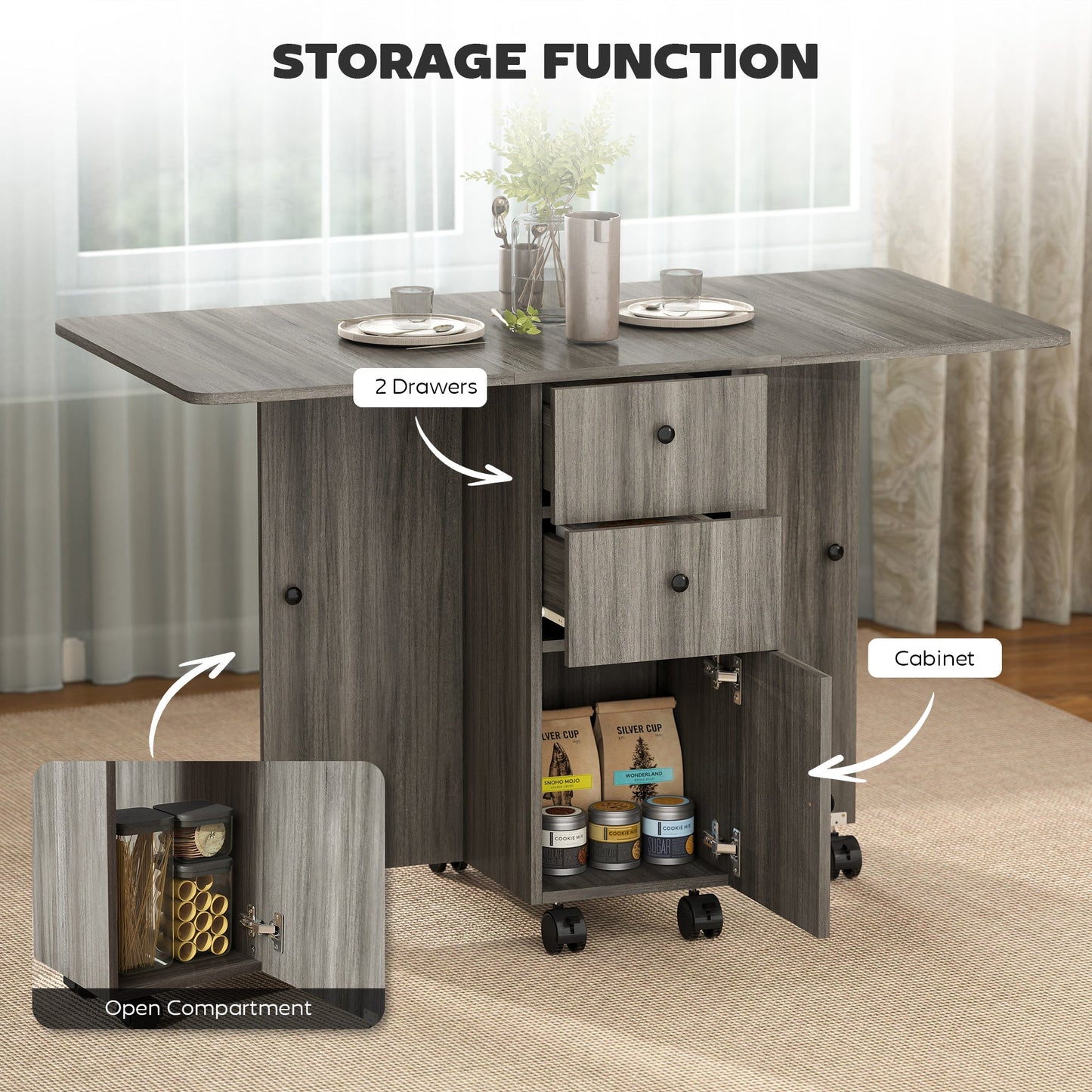 Folding Dining Table on Wheels for 4-6 with Storage Drawers, Cabinet, Grey - HOMCOM