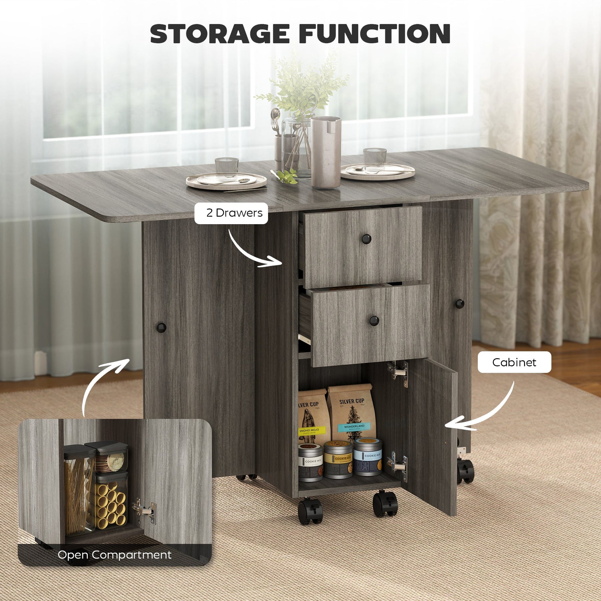 Folding Dining Table on Wheels for 4-6 with Storage Drawers, Cabinet, Grey - HOMCOM