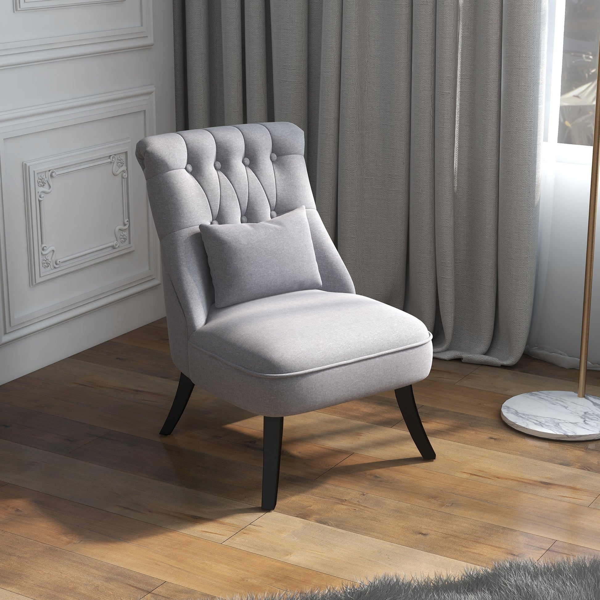 Fabric Single Sofa, Dining Chair with Pillow & Solid Wood Leg for Living Room, Grey - HOMCOM