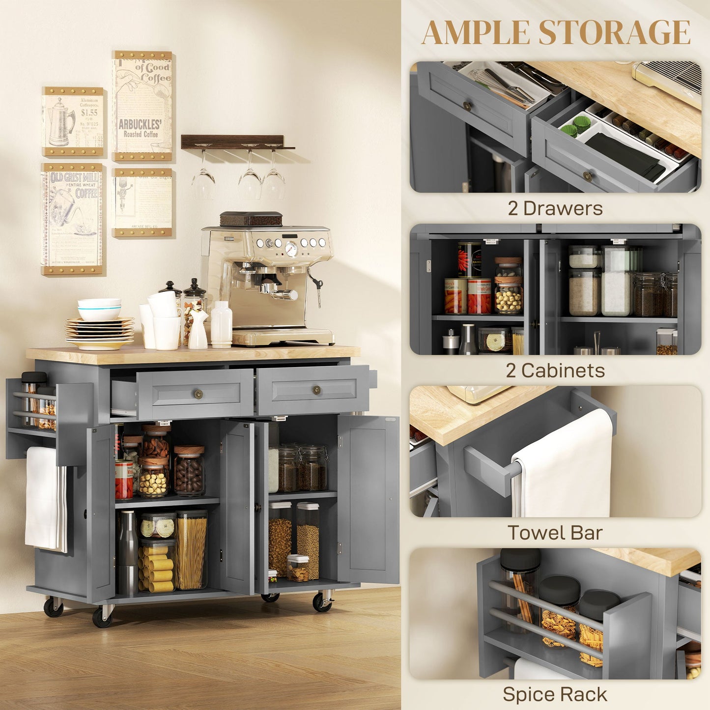Modern Rubberwood Rolling Kitchen Island with Storage - HOMCOM
