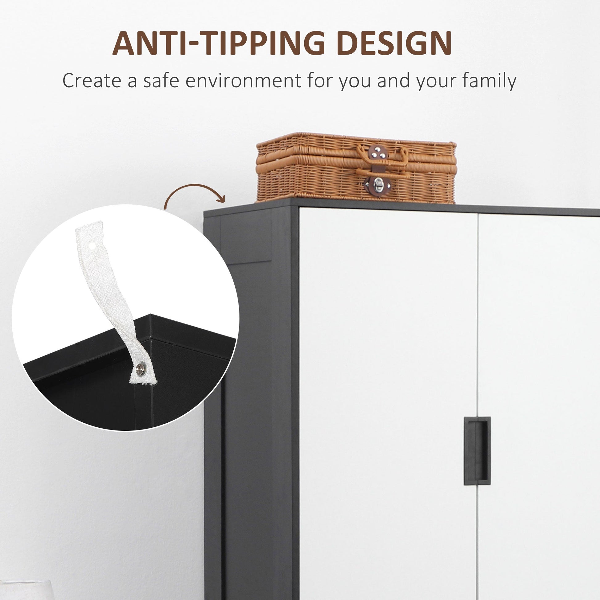 Modern Clothes Storage Cupboard Unit, Wardrobe with Hanging Rod, 3-Drawer and 2-Door, Black - HOMCOM