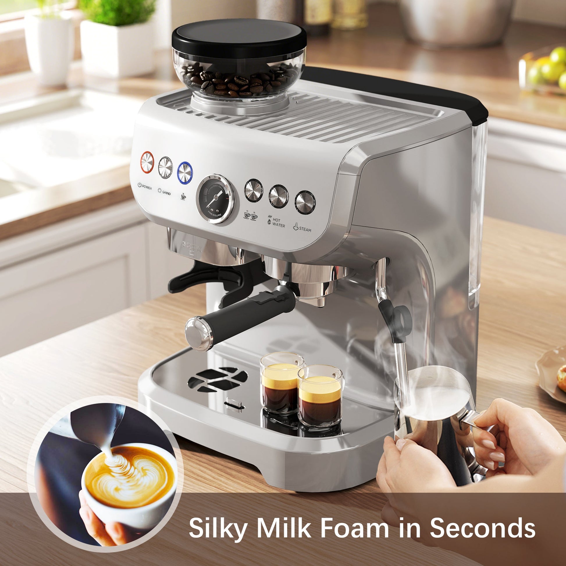 Espresso Machine with Integrated Bean Grinder & Steam Wand, Stainless Steel Silver - HOMCOM