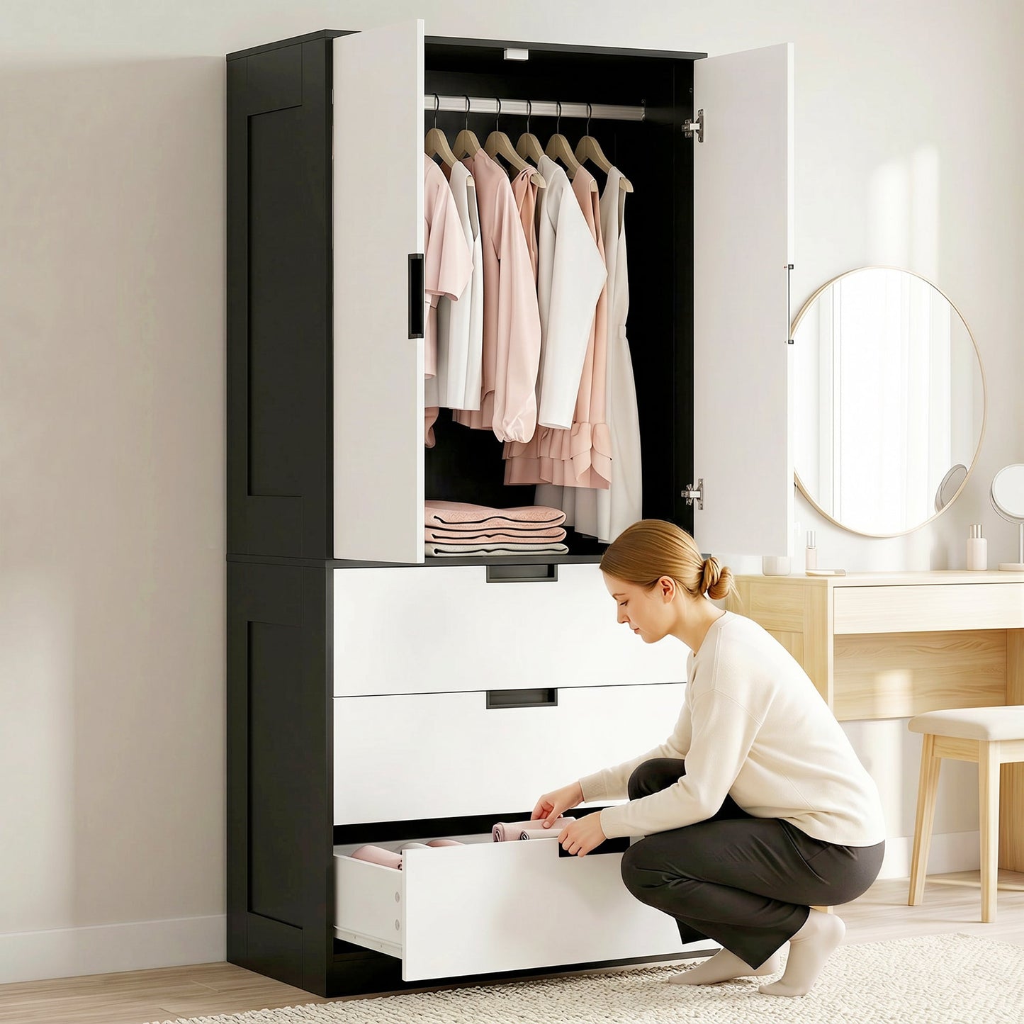 3-Drawer 2-Door Wardrobe with Hanging Rod for Clothes, Black