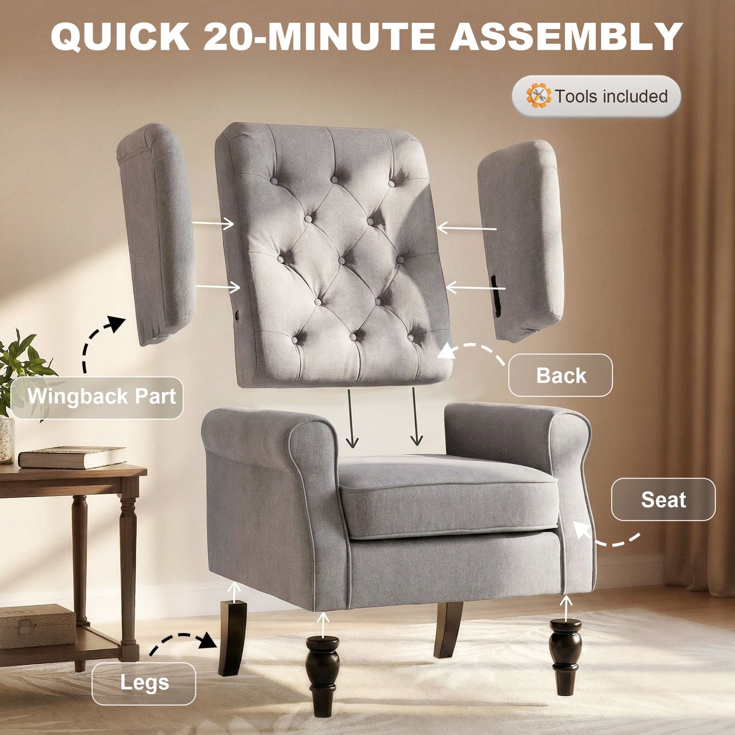 Retro Button Tufted Accent Armchair with Wooden Frame and Legs for Living Room, Bedroom, Grey - HOMCOM