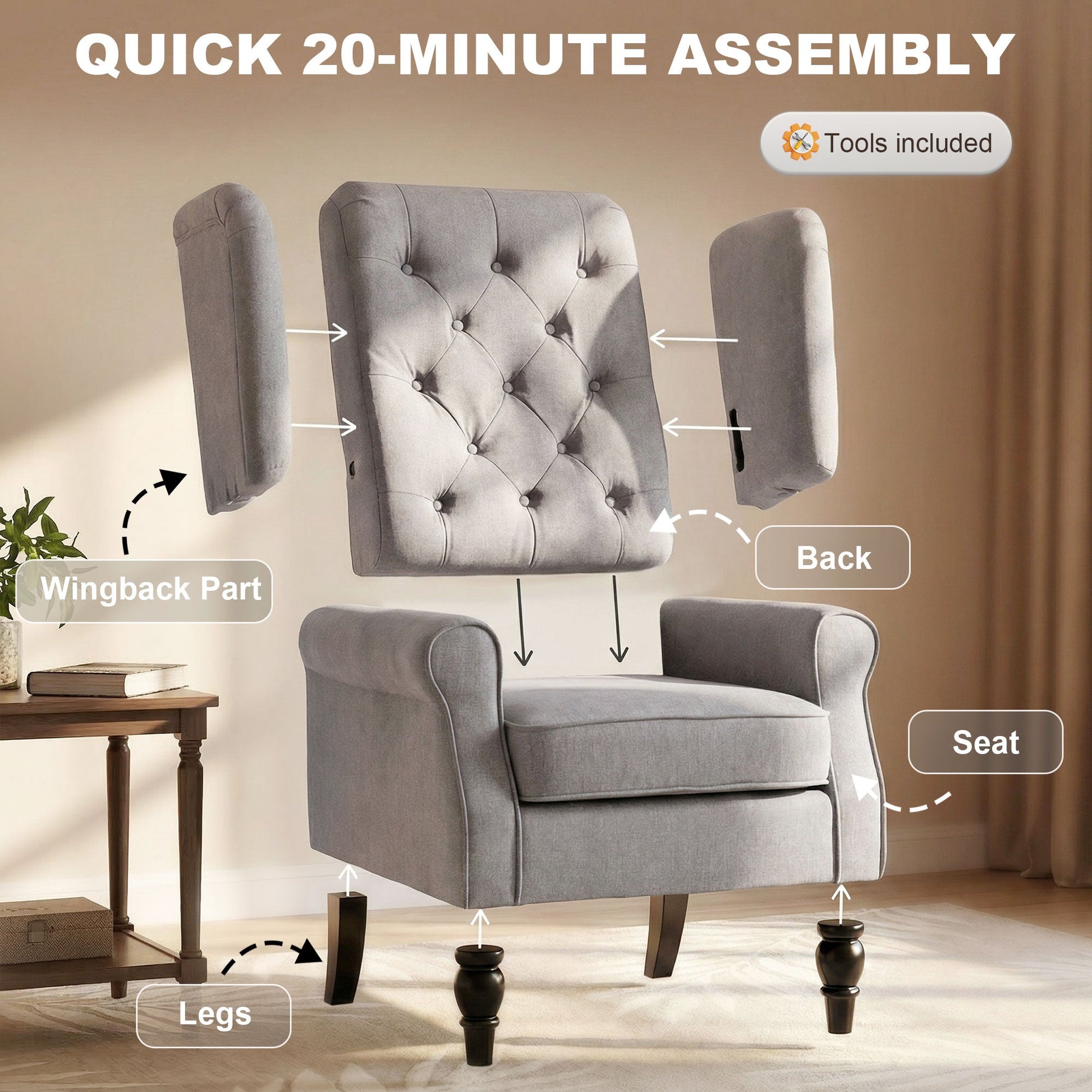 Retro Button Tufted Accent Armchair with Wooden Frame and Legs for Living Room, Bedroom, Grey - HOMCOM