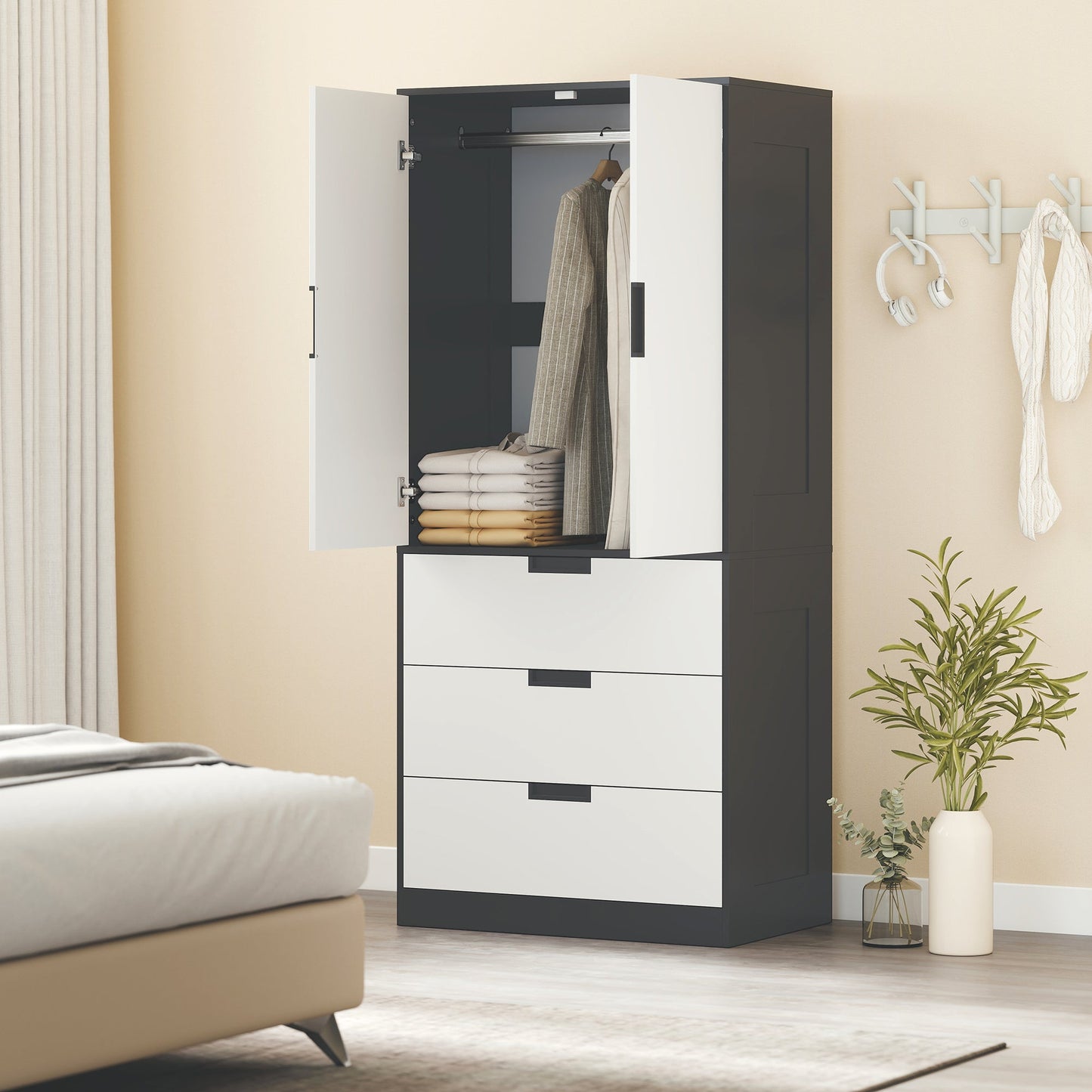Modern Clothes Storage Cupboard Unit, Wardrobe with Hanging Rod, 3-Drawer and 2-Door, Black - HOMCOM