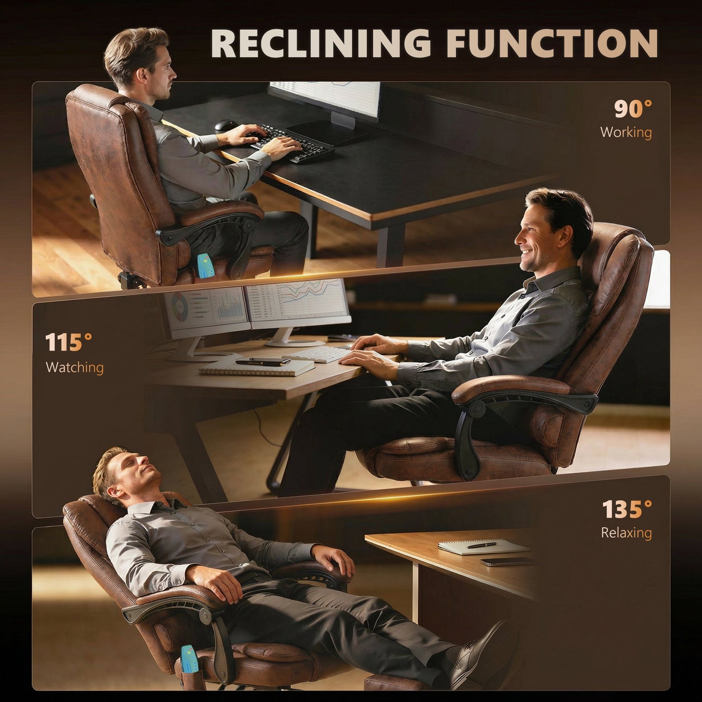 6-Point Massage Office Chair with Heated Back, Reclining and Footrest, Brown