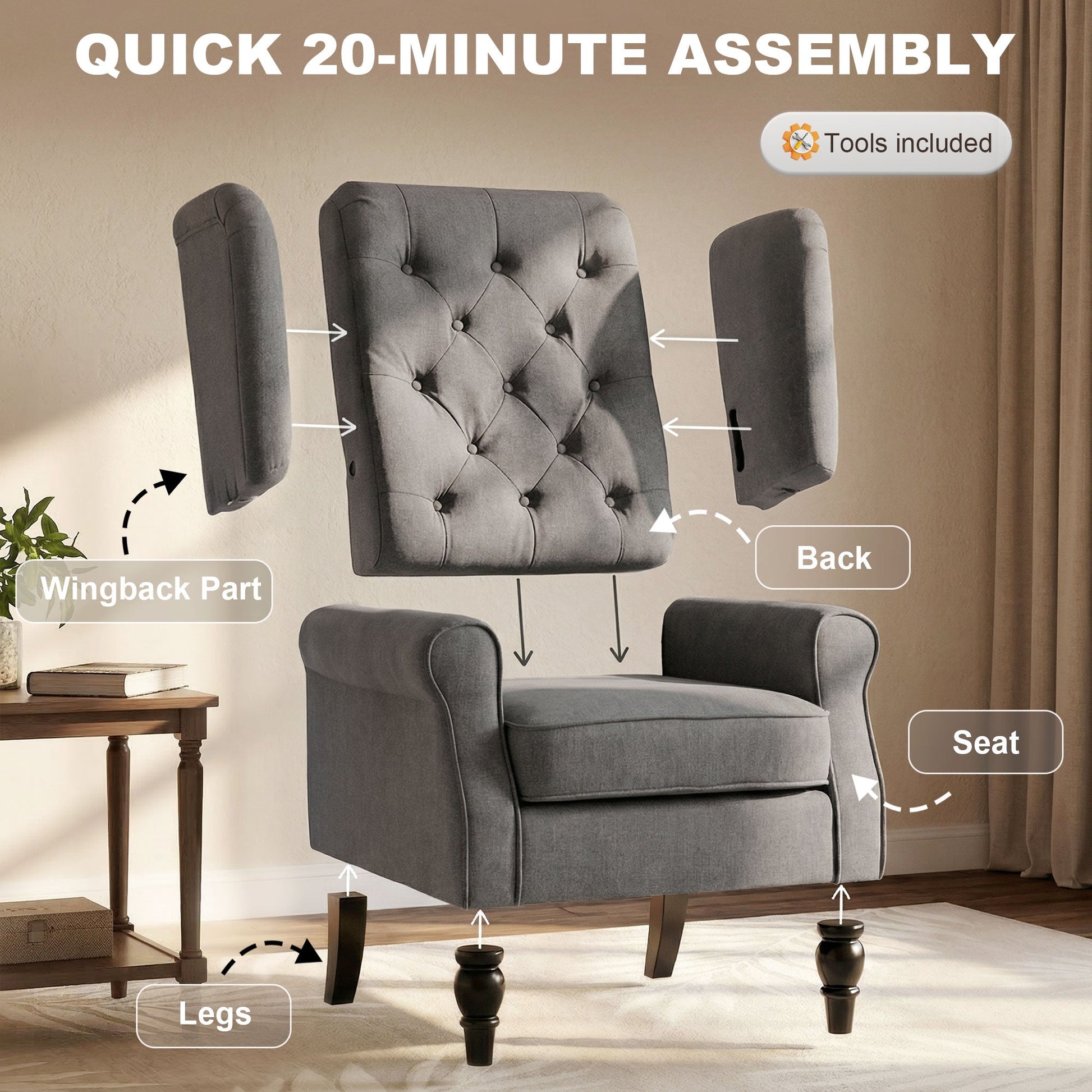 Retro Button Tufted Accent Armchair with Wooden Frame and Legs for Living Room, Bedroom, Dark Grey - HOMCOM