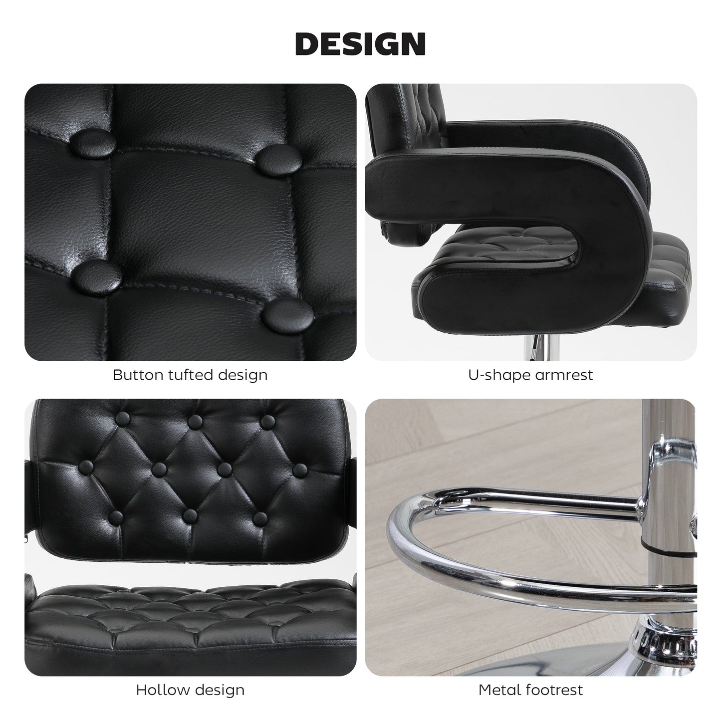 Swivel PU Leather Bar Stool with Extra-Large Seat, Armrest & Footrest, Black