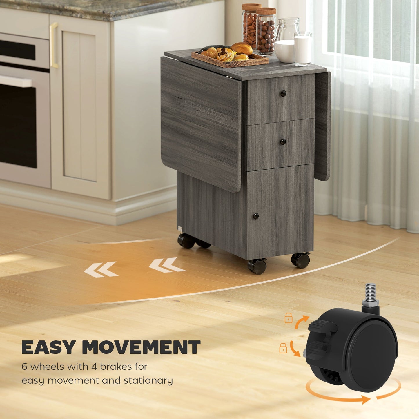 Folding Dining Table on Wheels for 4-6 with Storage Drawers, Cabinet, Grey - HOMCOM