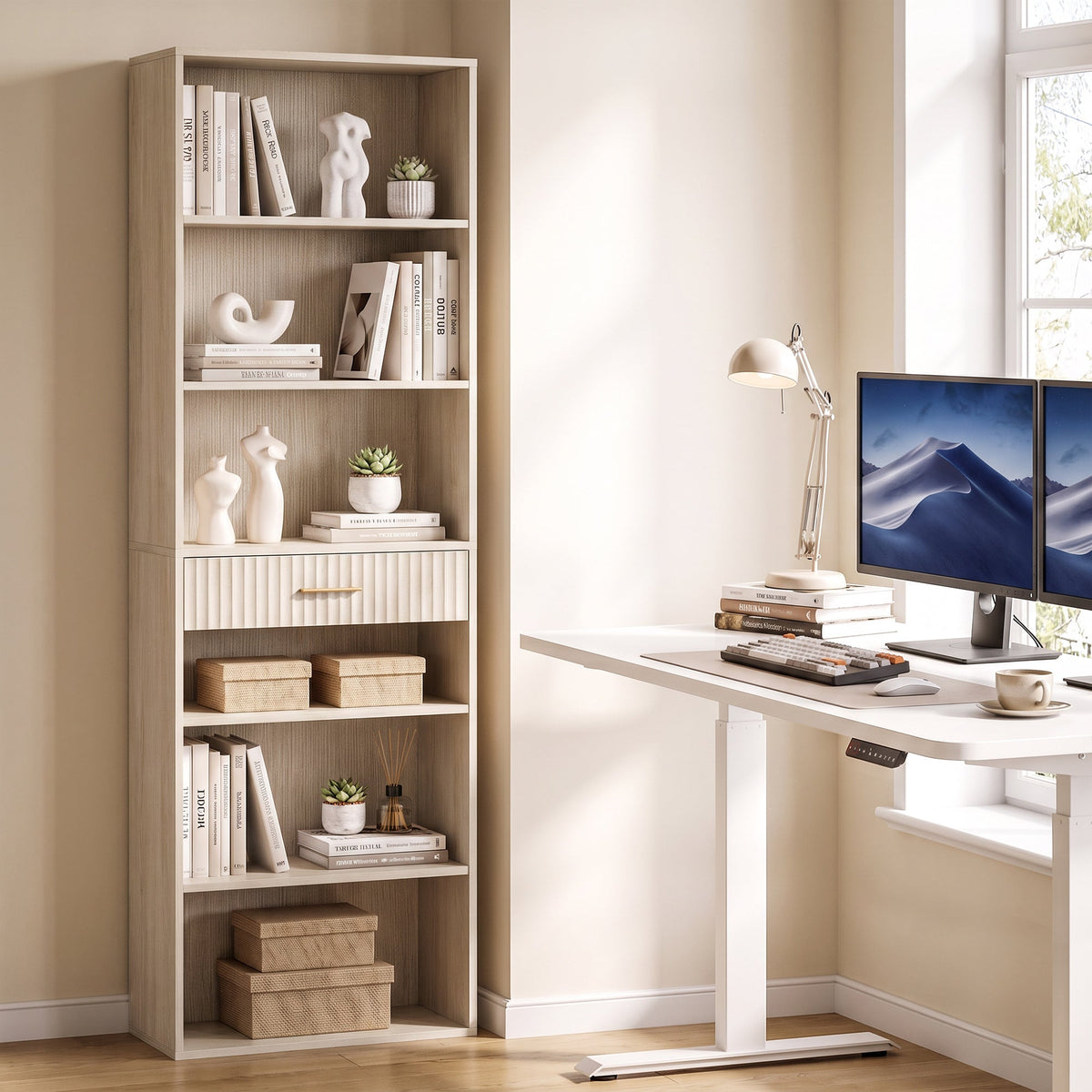 Tall Bookcase with Cubes, 7-Tier Bookshelf with Drawer, Freestanding Shelving Unit, 60 x 24 x 182 cm, Space-Saving for Study, Home Office, Living Room, Oak Wood Effect