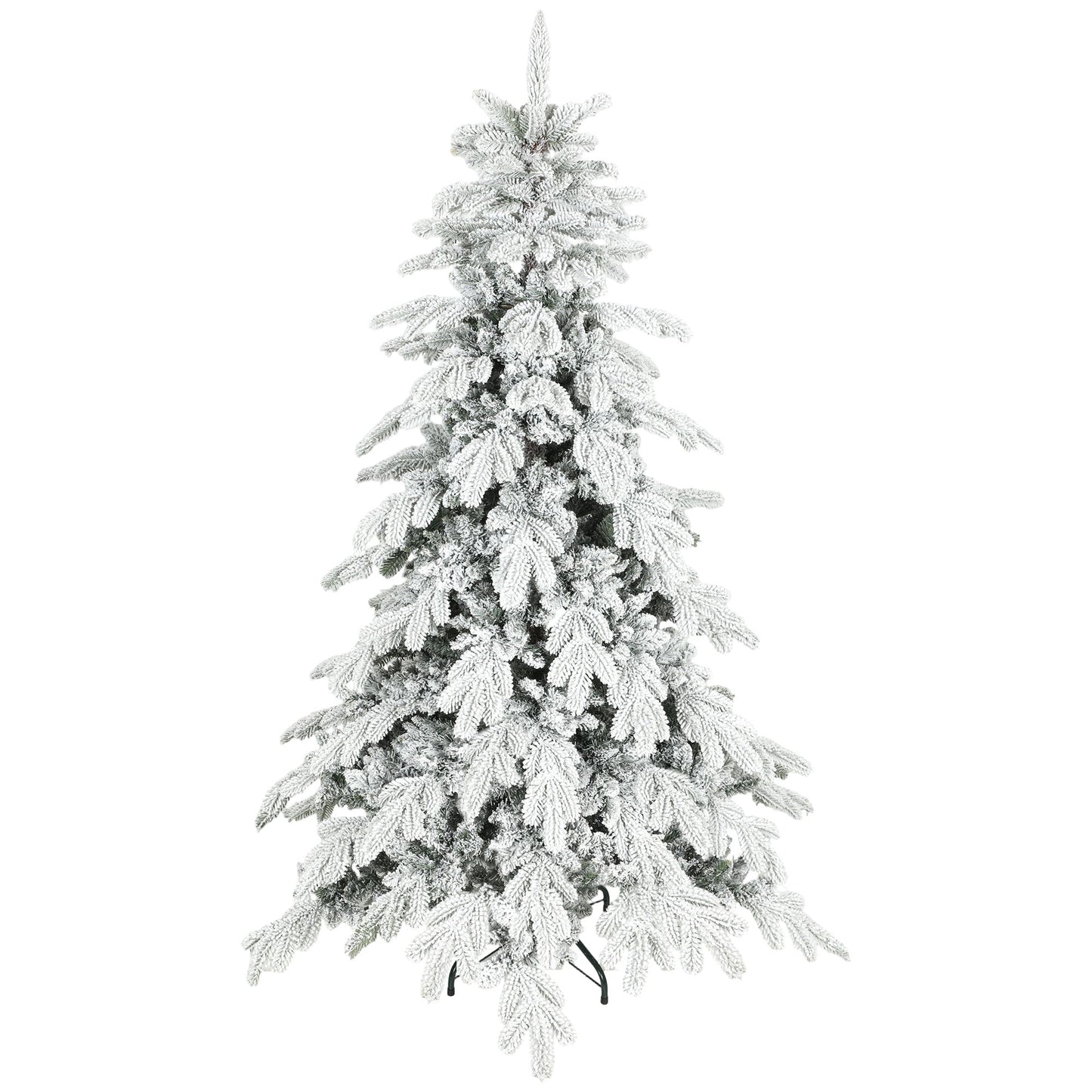 6ft Artificial Christmas Tree, Snow Flocked Christmas Tree with Realistic Dense Branches, Hinged Design, Metal Stand, Wide Shape, Easy Assembly, Xmas Home Decoration, Green White